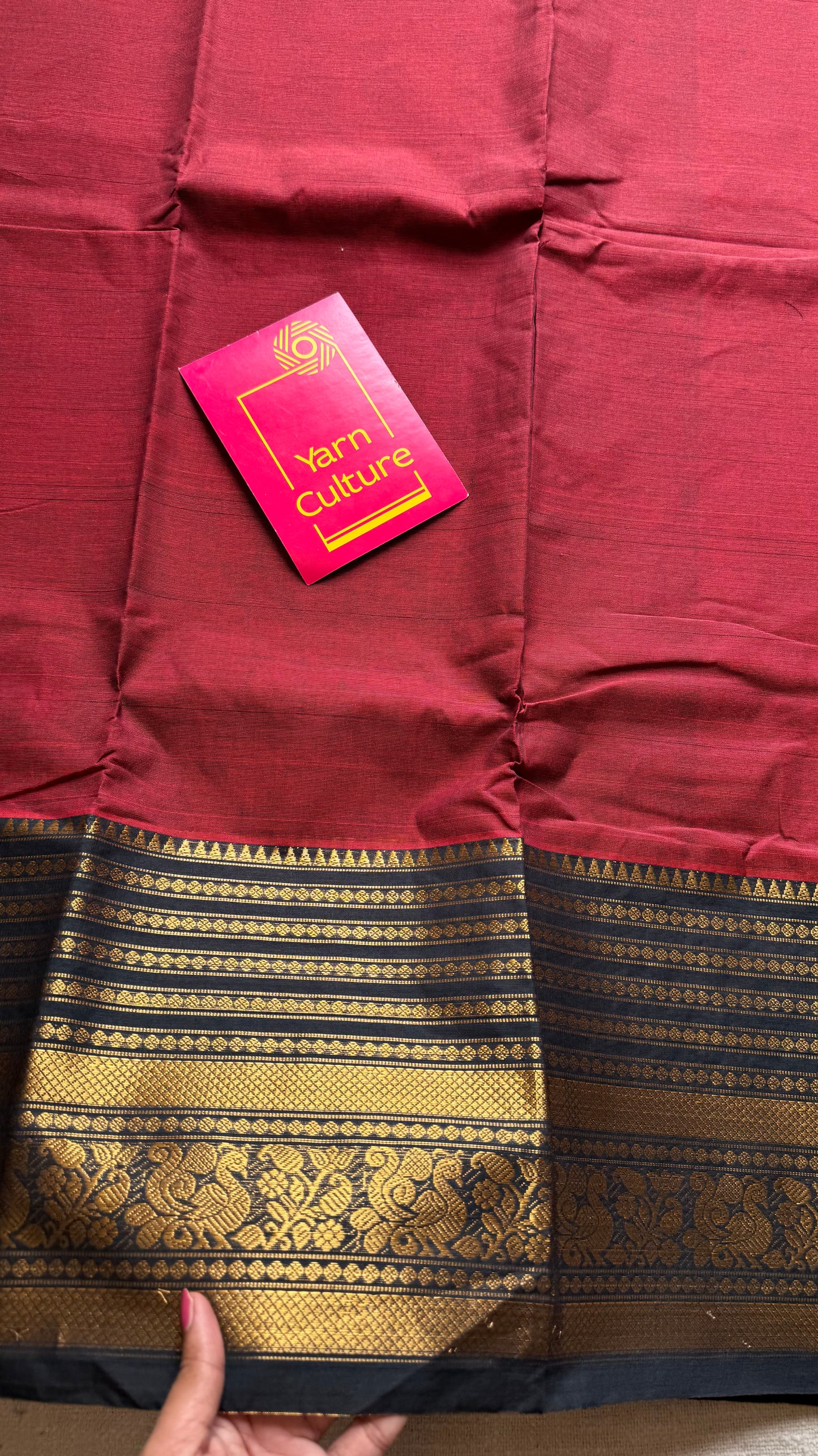 Kanchi cotton saree, dark red with black wide zari border - YCCOTNAP91