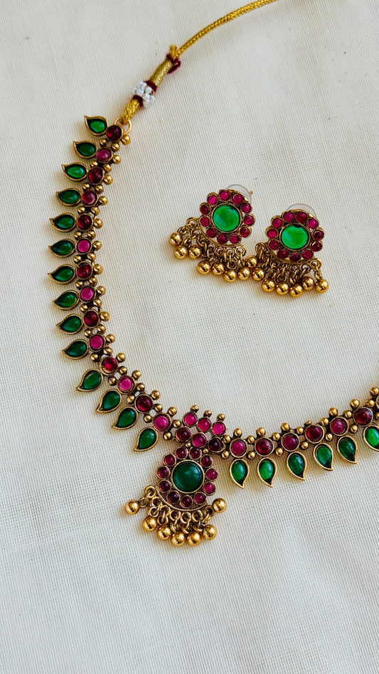 Ruby green palakka necklace with earrings - YCGPNP768