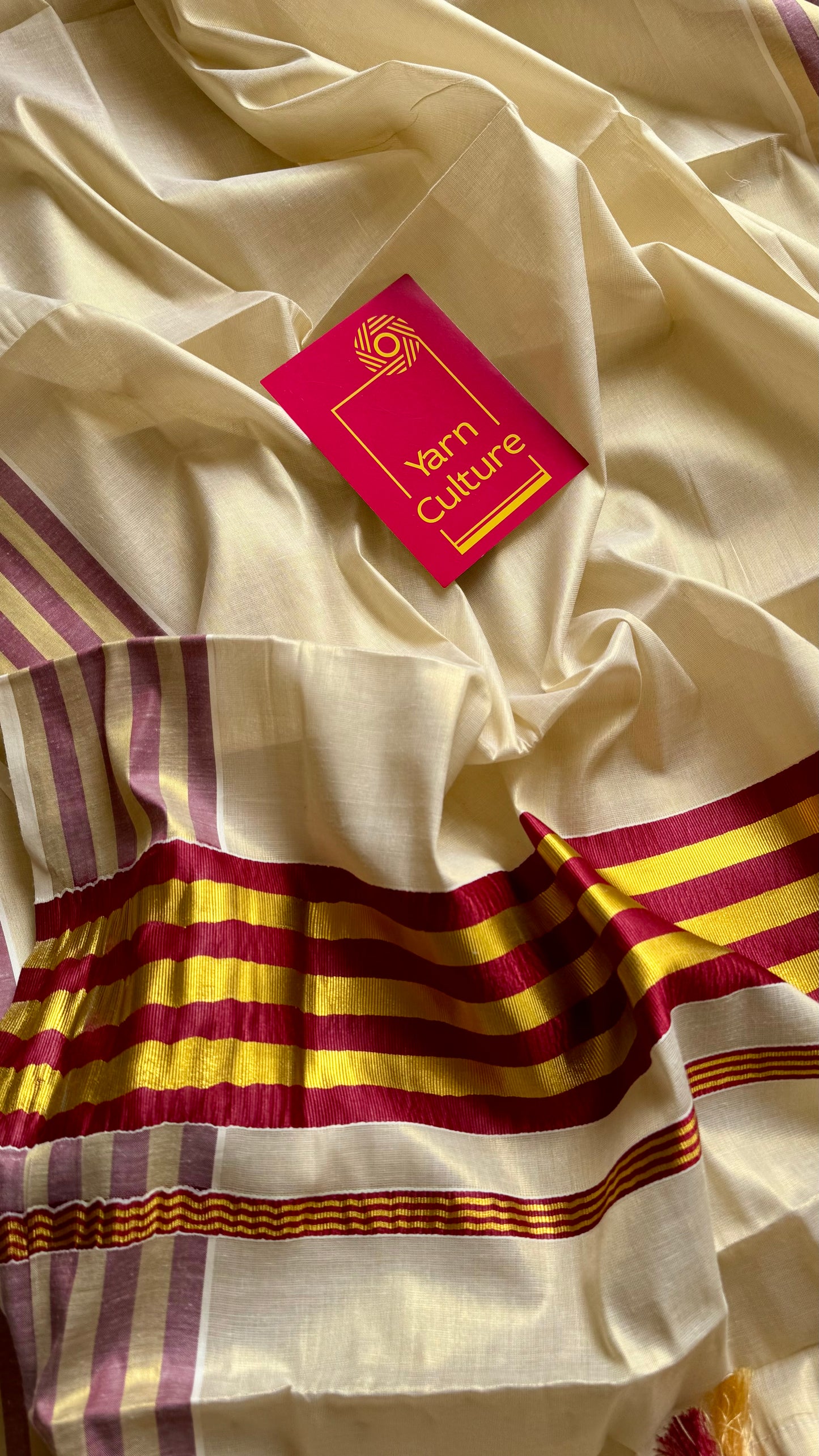 Ivory and gold soft tissue cotton saree, maroon border - YCIEON67