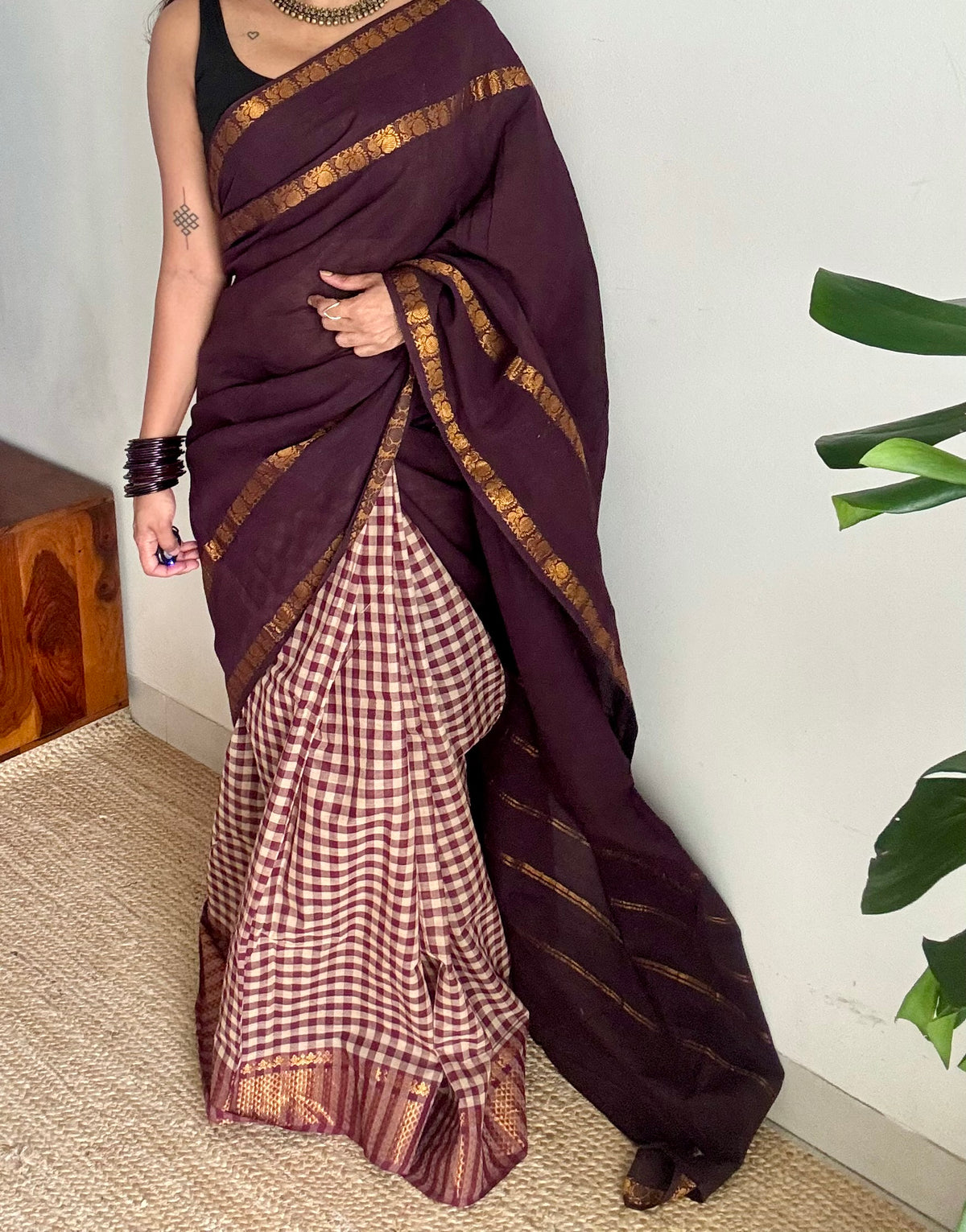 Brown and maroon with cream checks, sungudi and chettinad cotton half-half saree - YCCOTNIDOC31