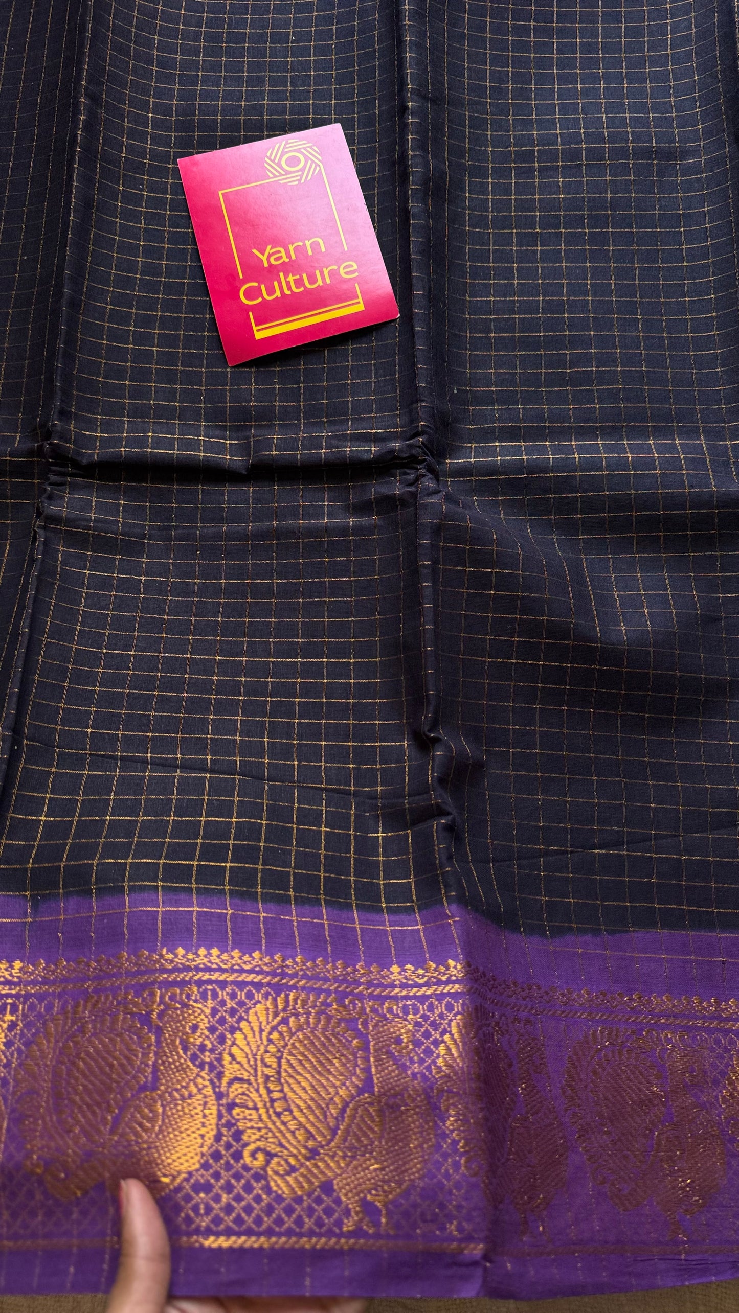 Dark blue with purple contrast zari checkered sungudi, kattuchayam dyed madurai cotton - YCCOTNMSAP92