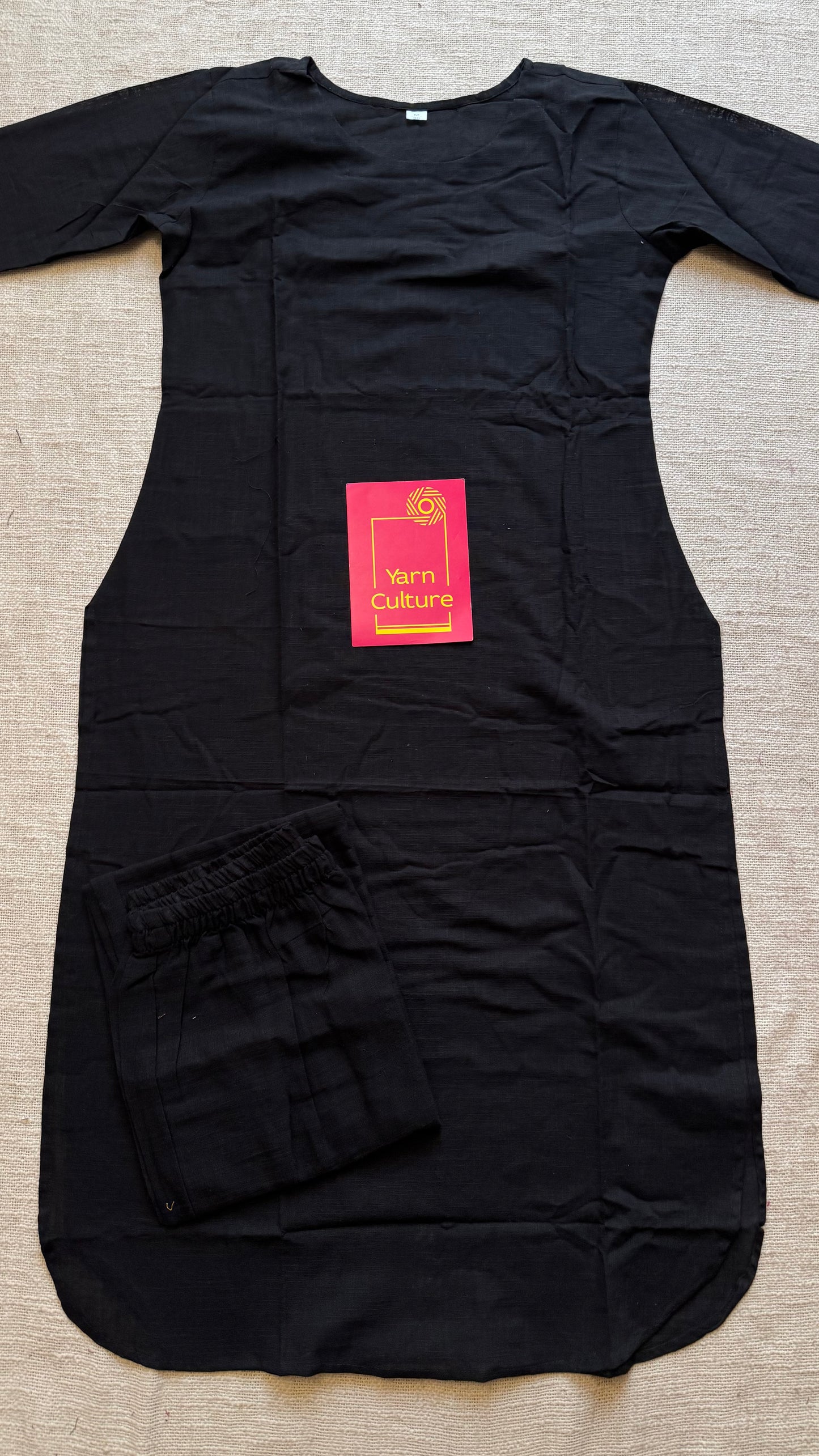 Black cotton round-neck stitched kurta co-ord set, three-fourth sleeves - YCSEBPSFE250