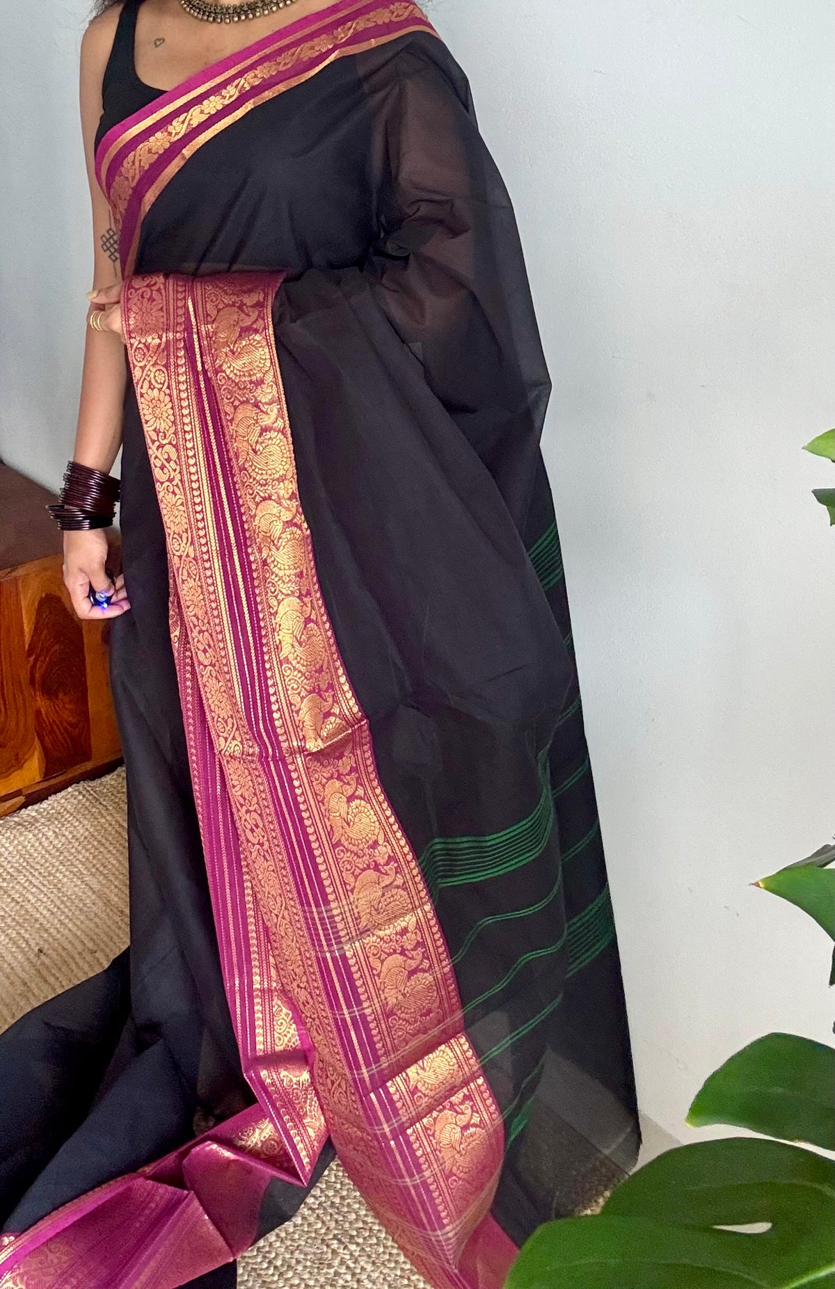 Black with purple pink (vadamalli) wide zari border kanchi cotton saree - YCCOTNCKSE20