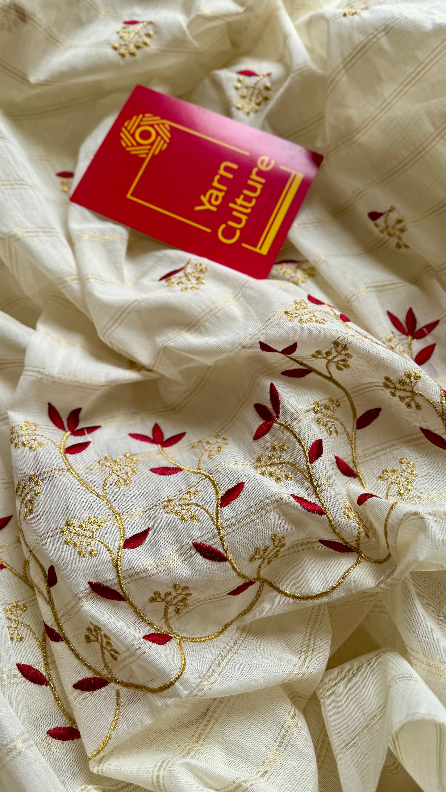 Ivory and gold soft cotton saree, maroon floral vine embroidery  - YCIEON58