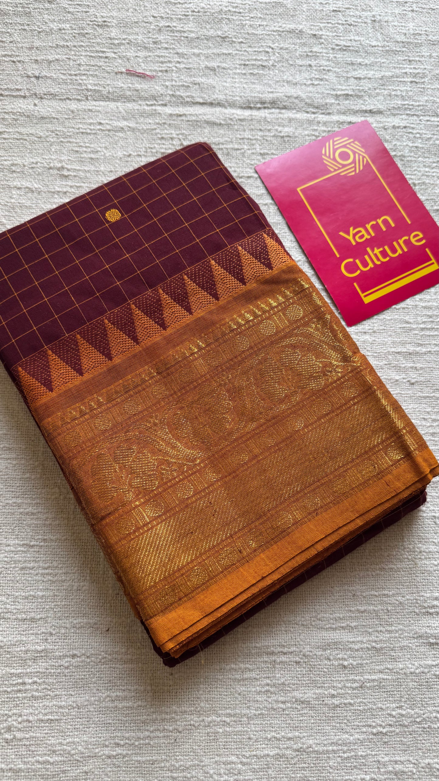 Kanchi cotton saree, maroon checks with yellow temple motif border - YCCOTNAP79