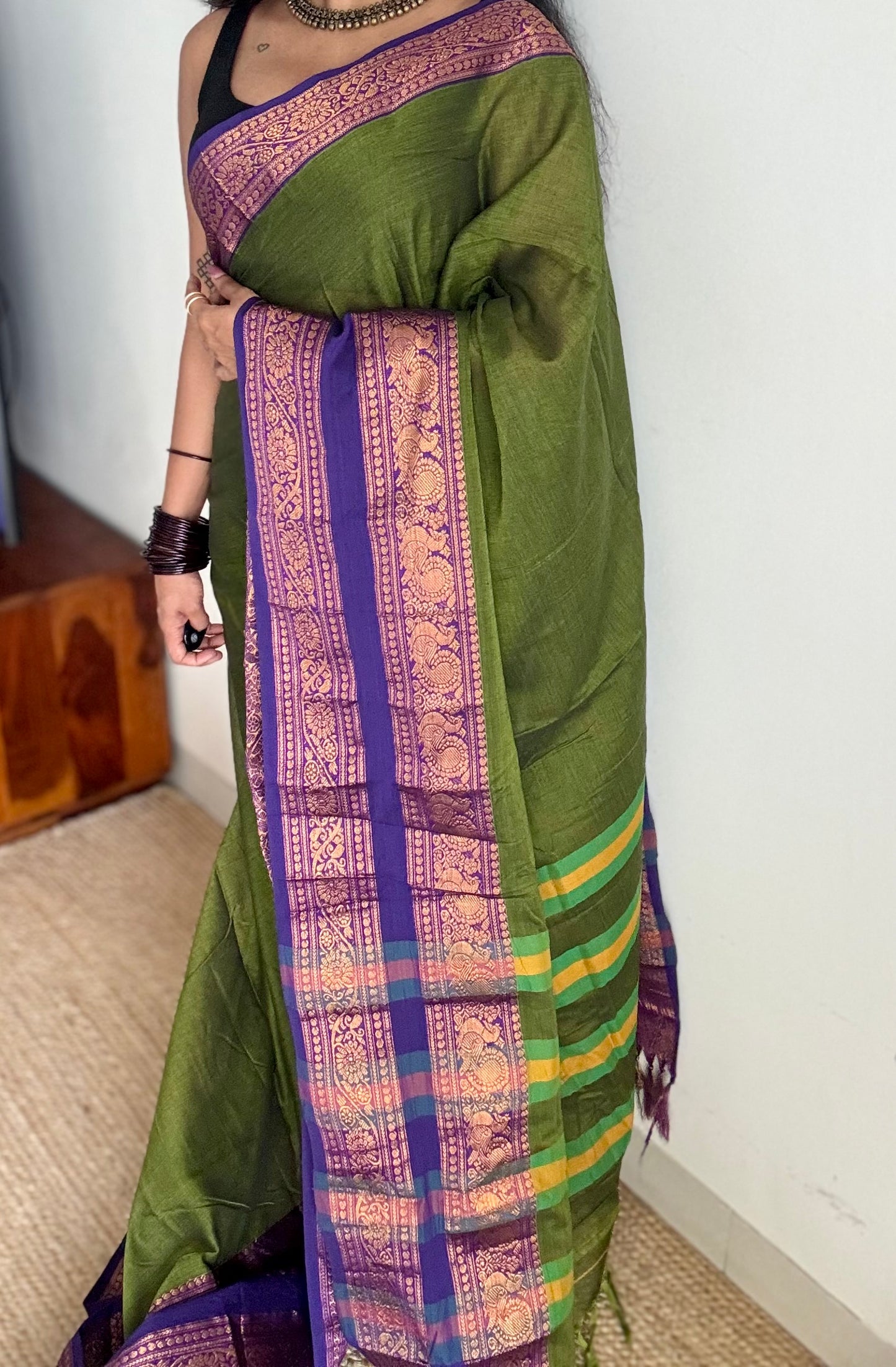 Green with purple wide border, narayanpet soft cotton saree - YCWOTDAUG03