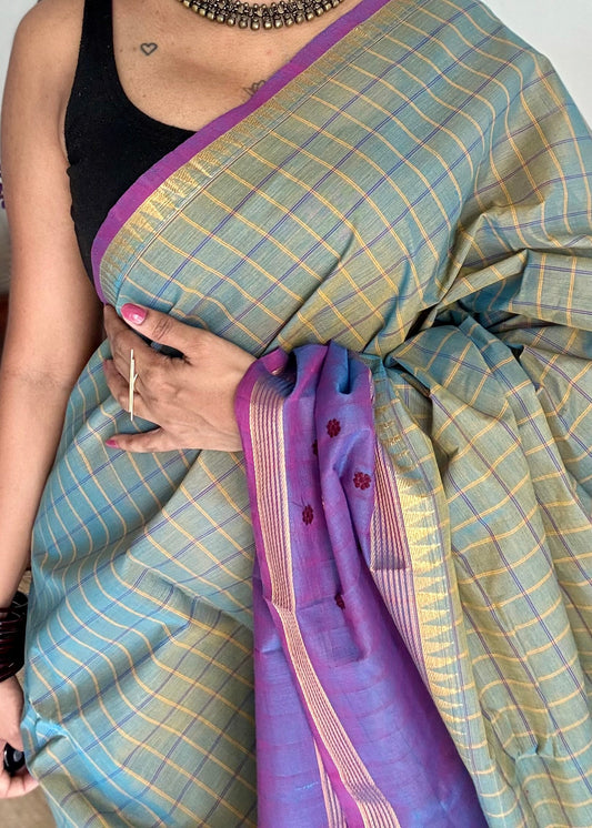 Grey and purple contrast, checkered Chettinad cotton saree - YCCOTNMA270