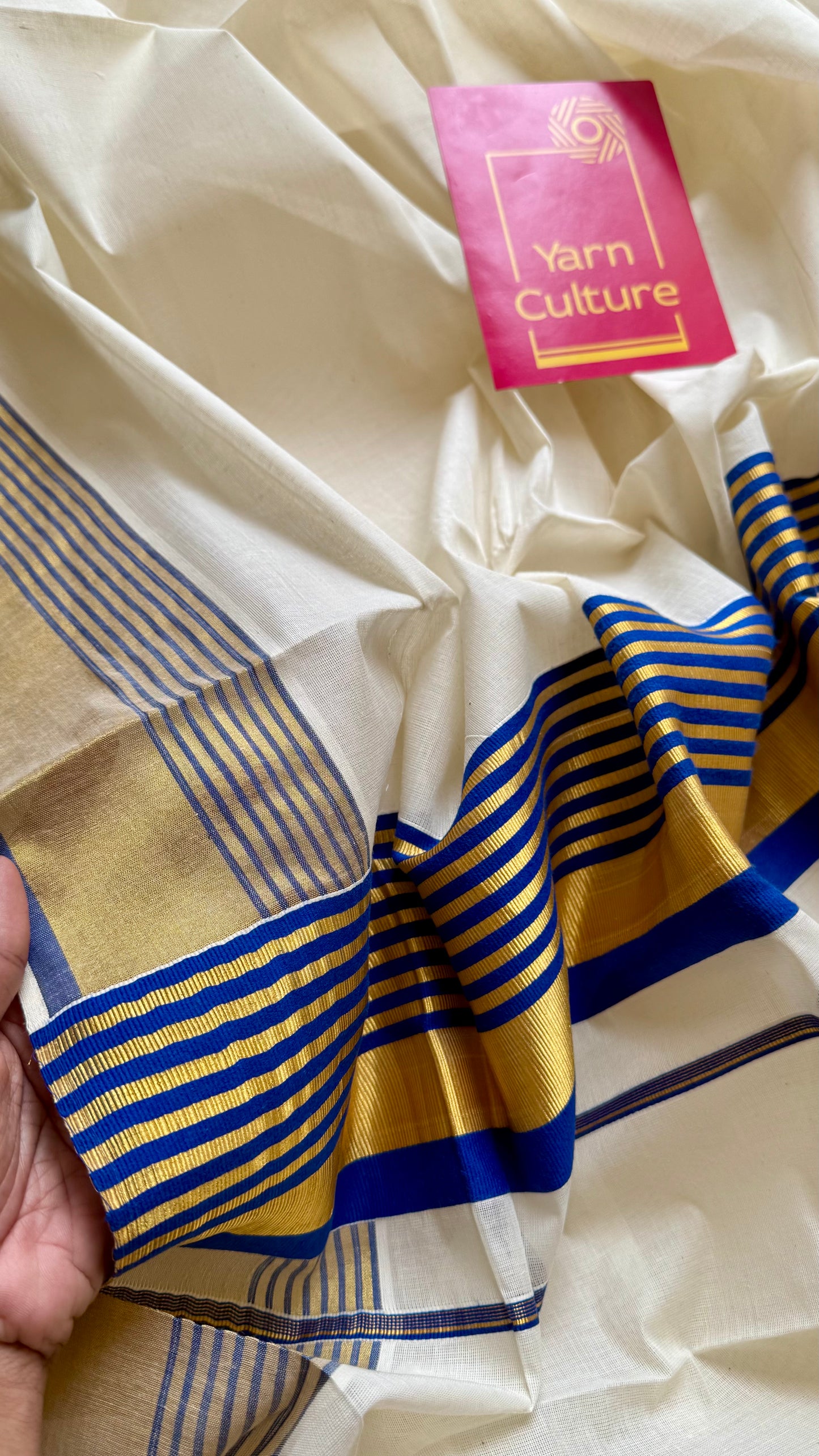 Ivory and gold soft cotton saree, royal blue border - YCIEON77