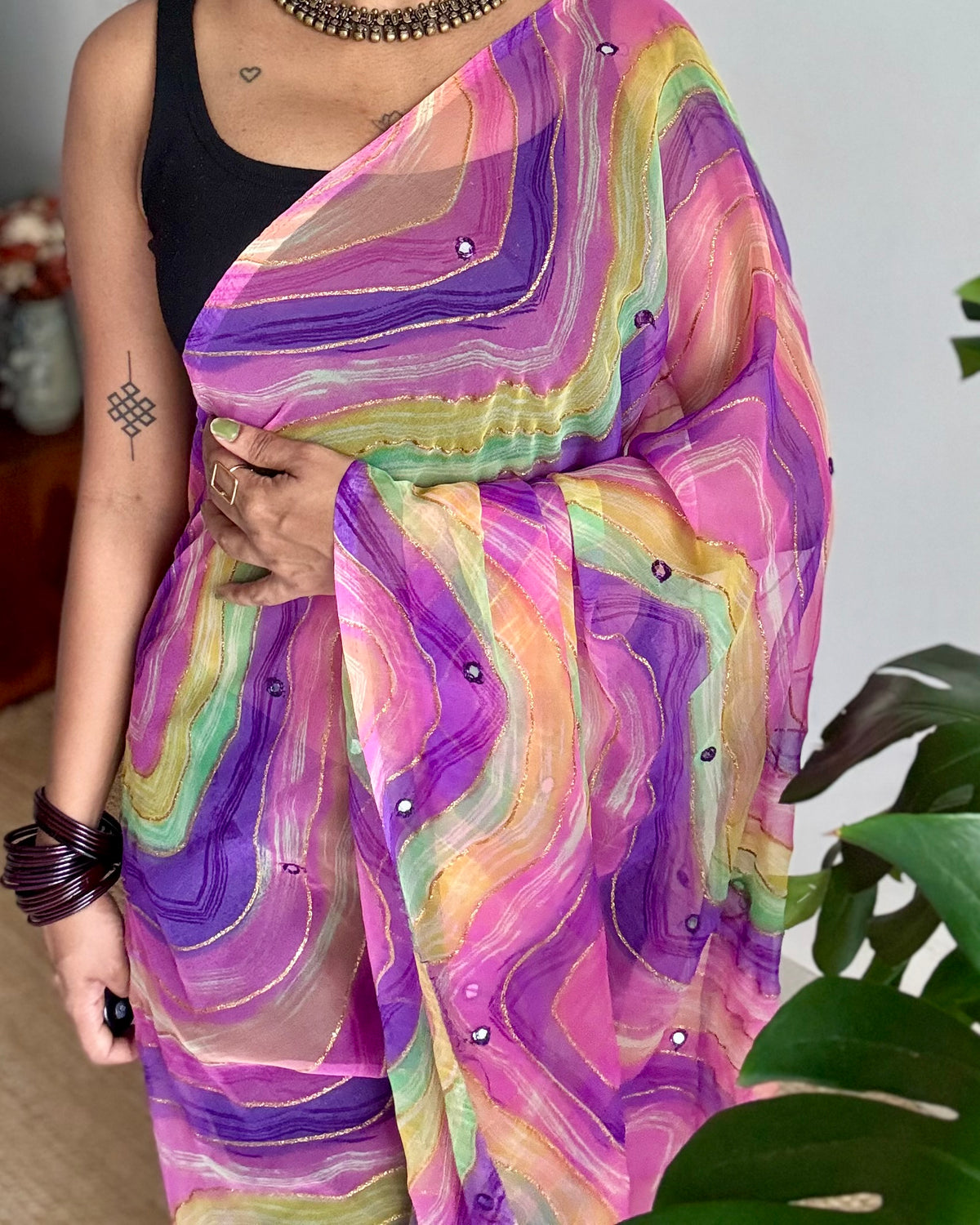 Purple pink multicoloured leheriya chiffon saree with mirror work  - YCTORLOC95
