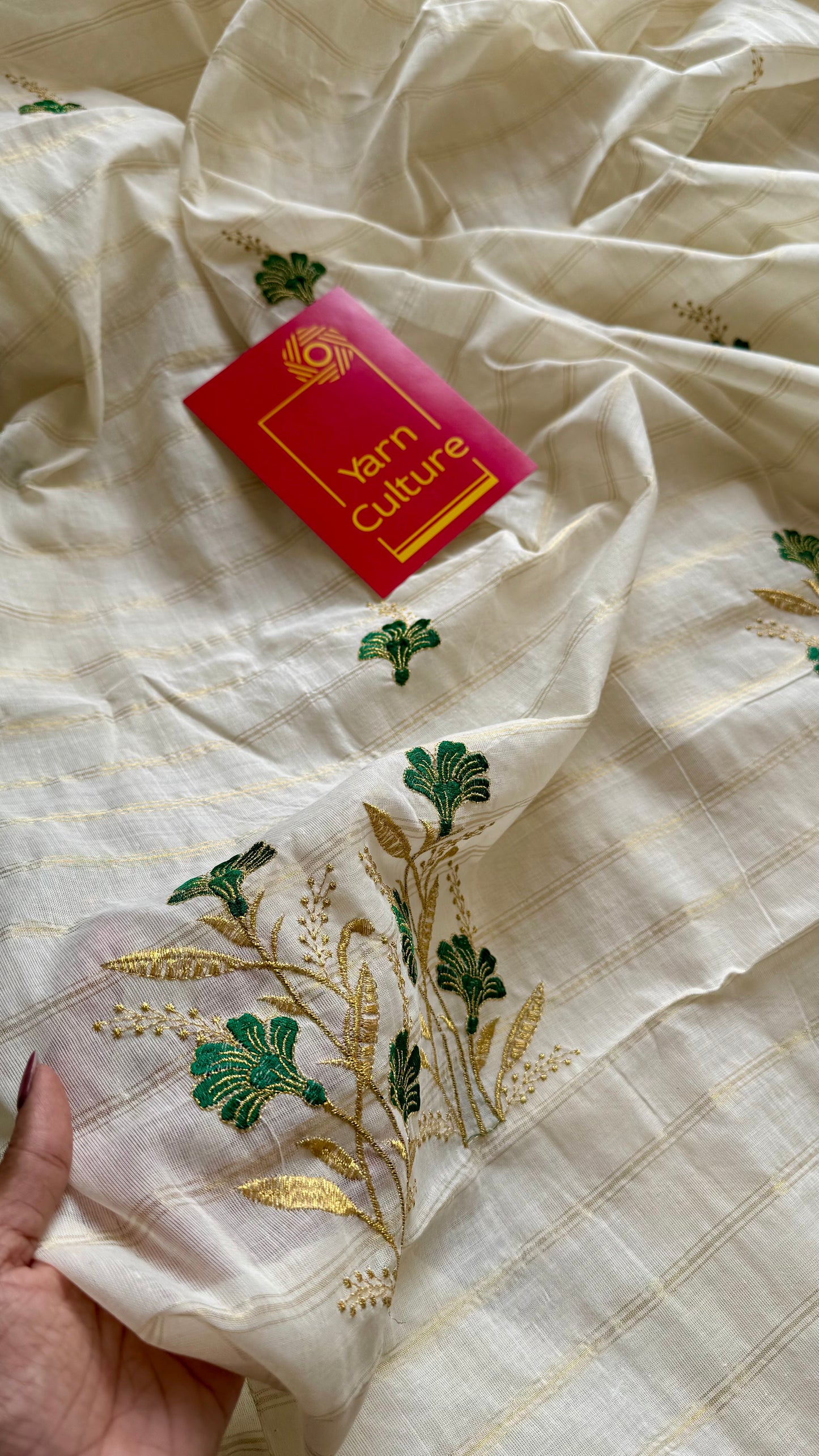 Ivory and gold soft cotton saree, dark green floral embroidery  - YCIEON51