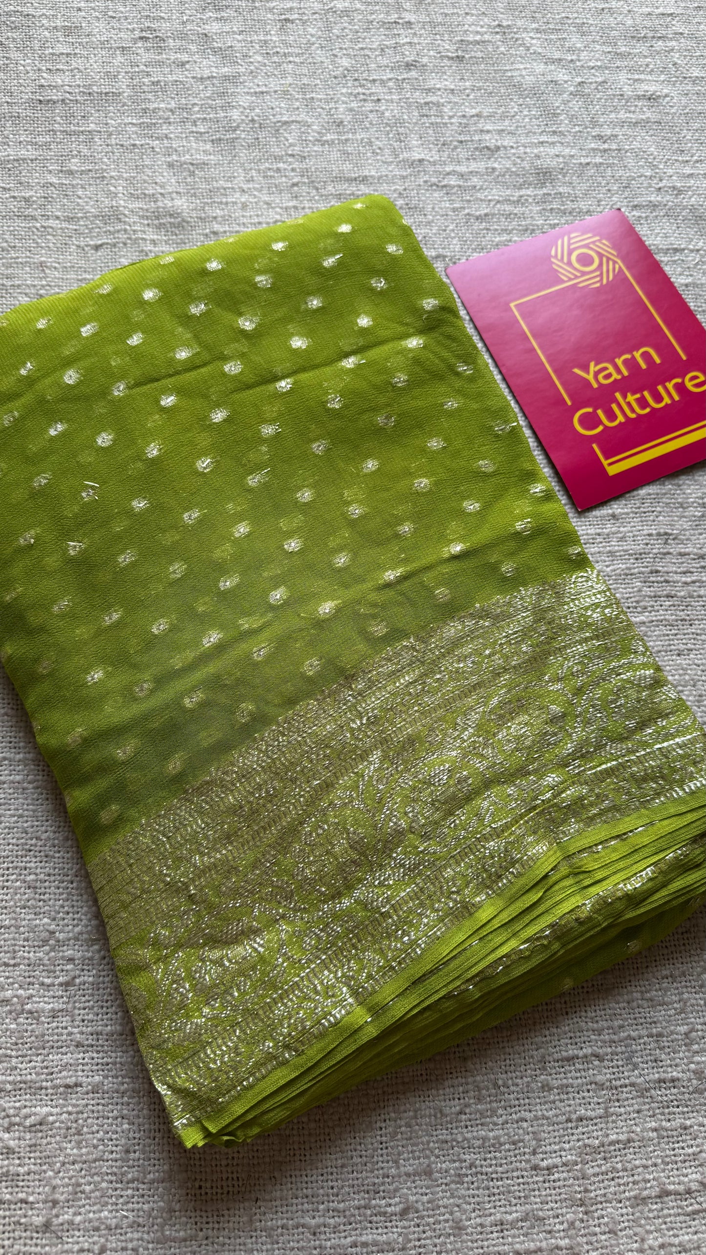 Lime green viscose georgette saree with zari motifs - YCDOSFE204