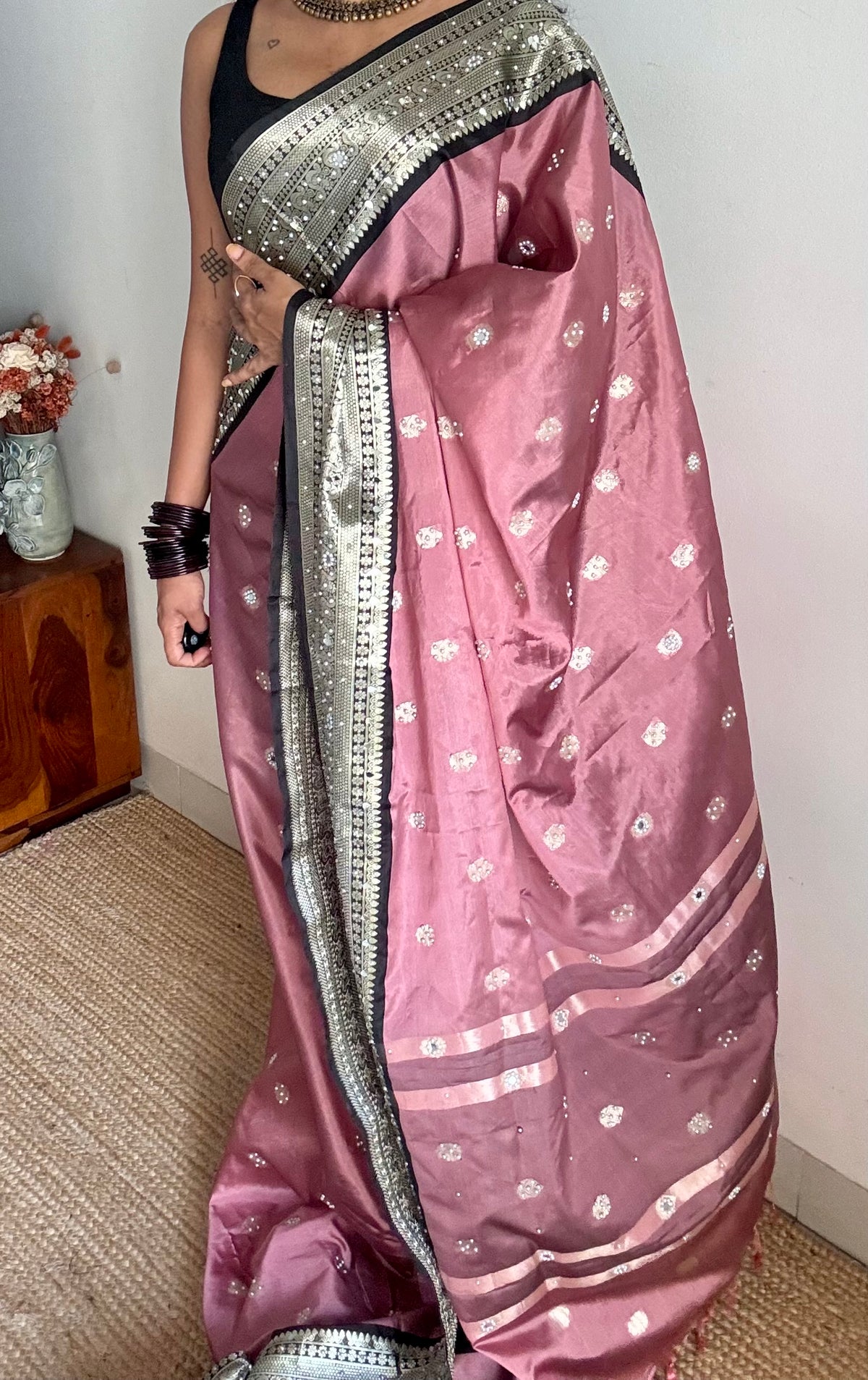 Dusty pink with black silver zari Banarasi semi-katan silk saree with pearl embellishments - YCBLTOC92
