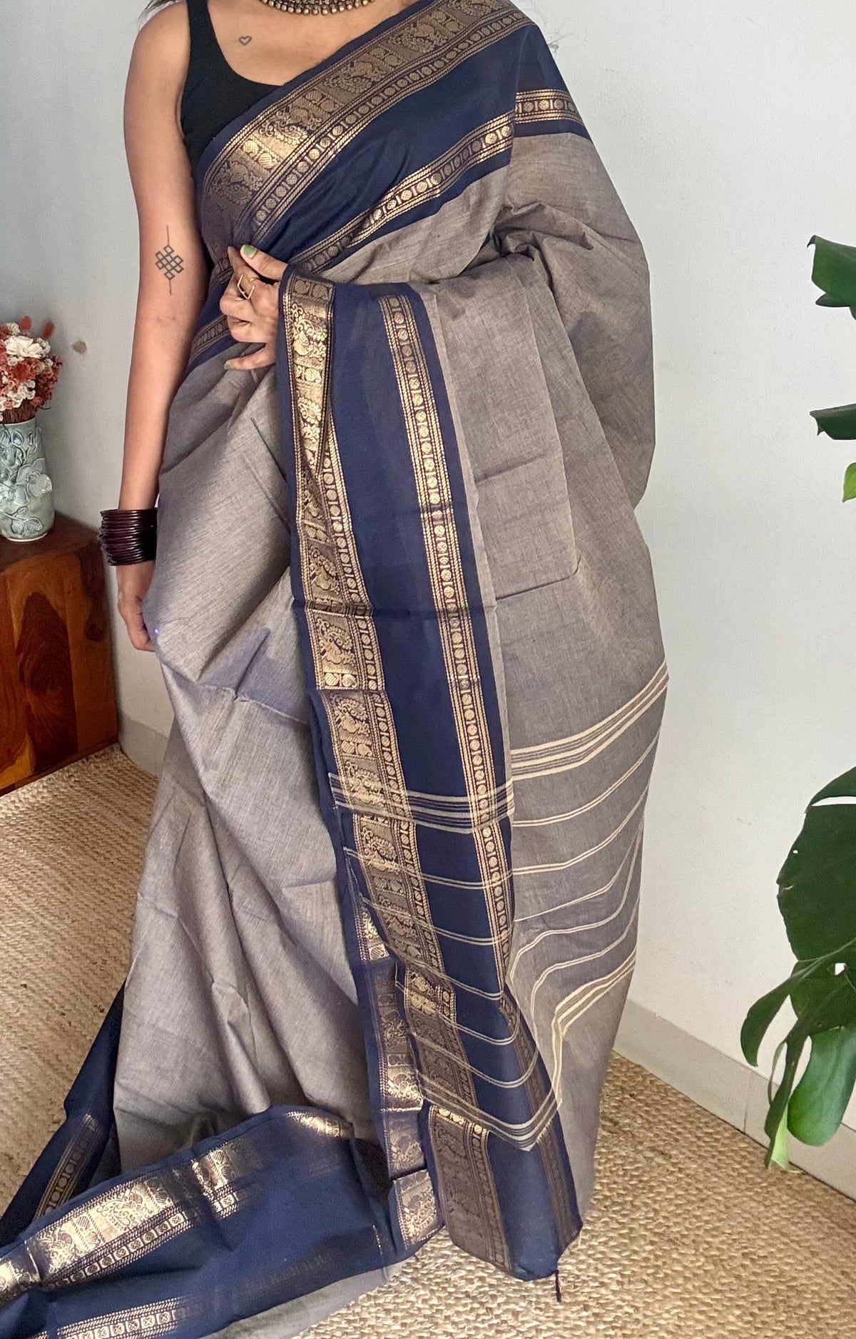 Grey with dark blue gap zari border, kanchi cotton saree - YCCOTNCCOC116