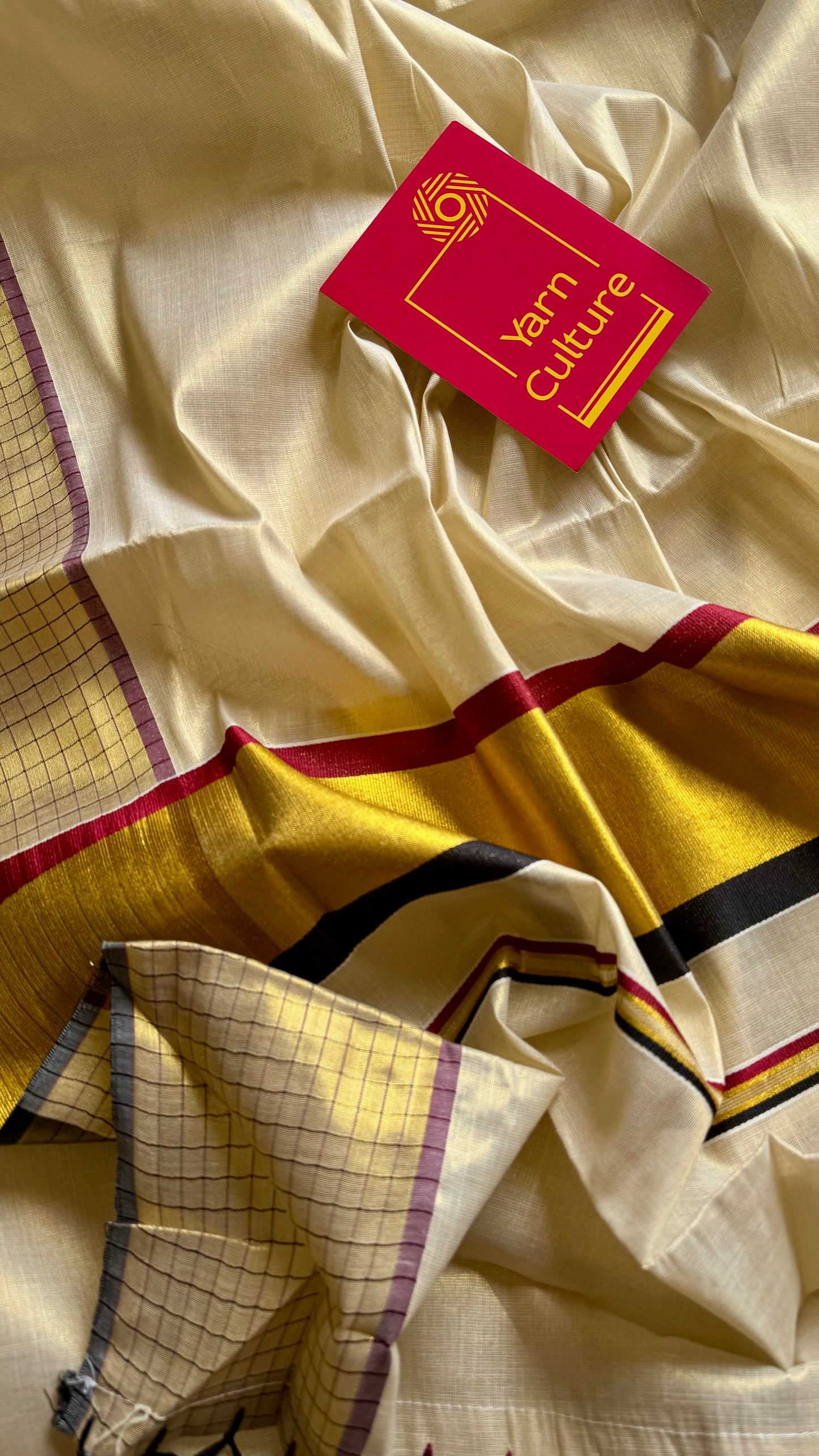 Ivory and gold soft tissue cotton saree, black and red, checkered border - YCIEON78