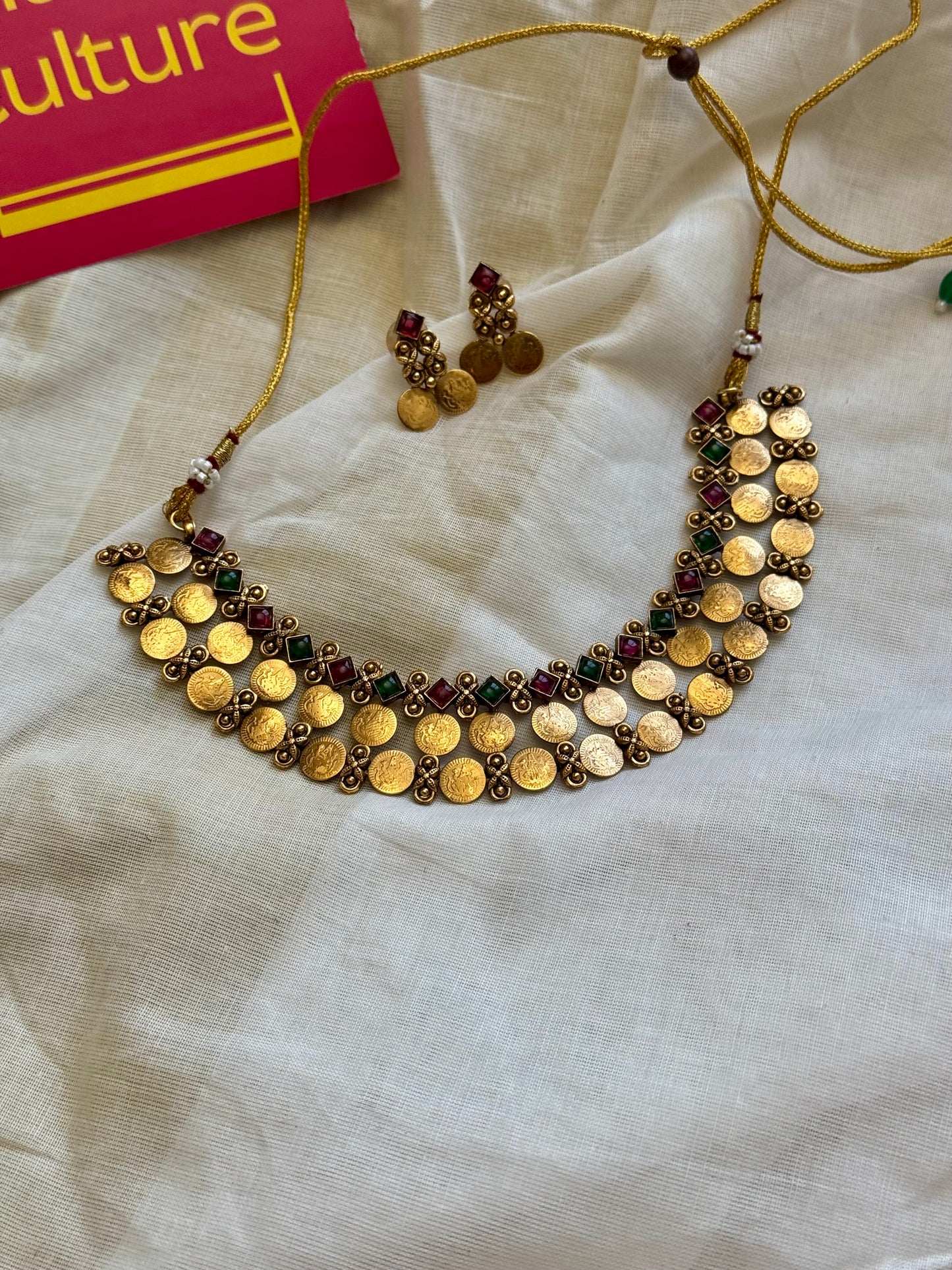 Ruby and green stones with 2 layer coin neckpiece, with earrings - YCGPNP677