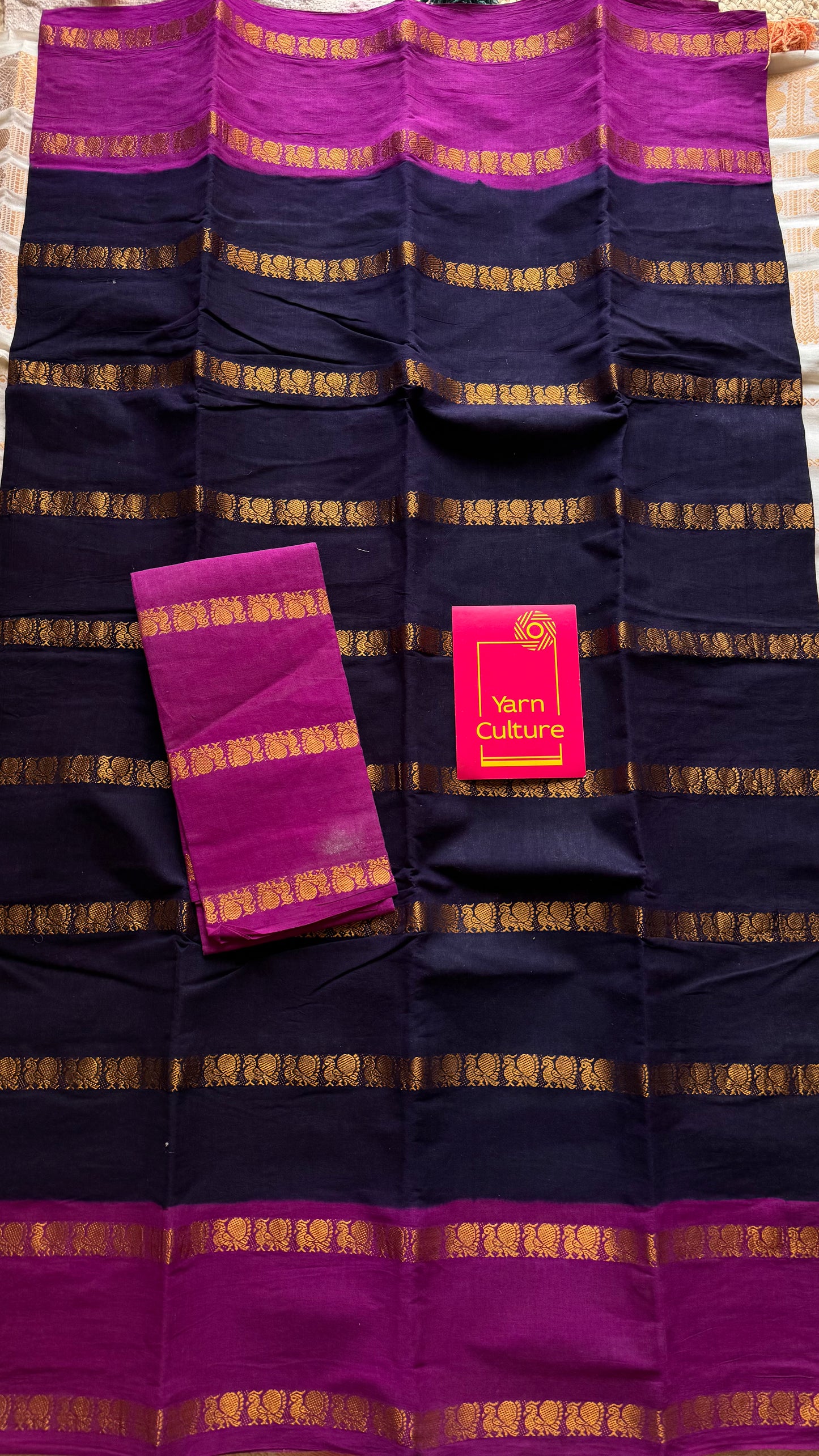 Dark blue with magenta peacock striped sungudi, kattuchayam dyed madurai cotton - YCCOTNMSAP165