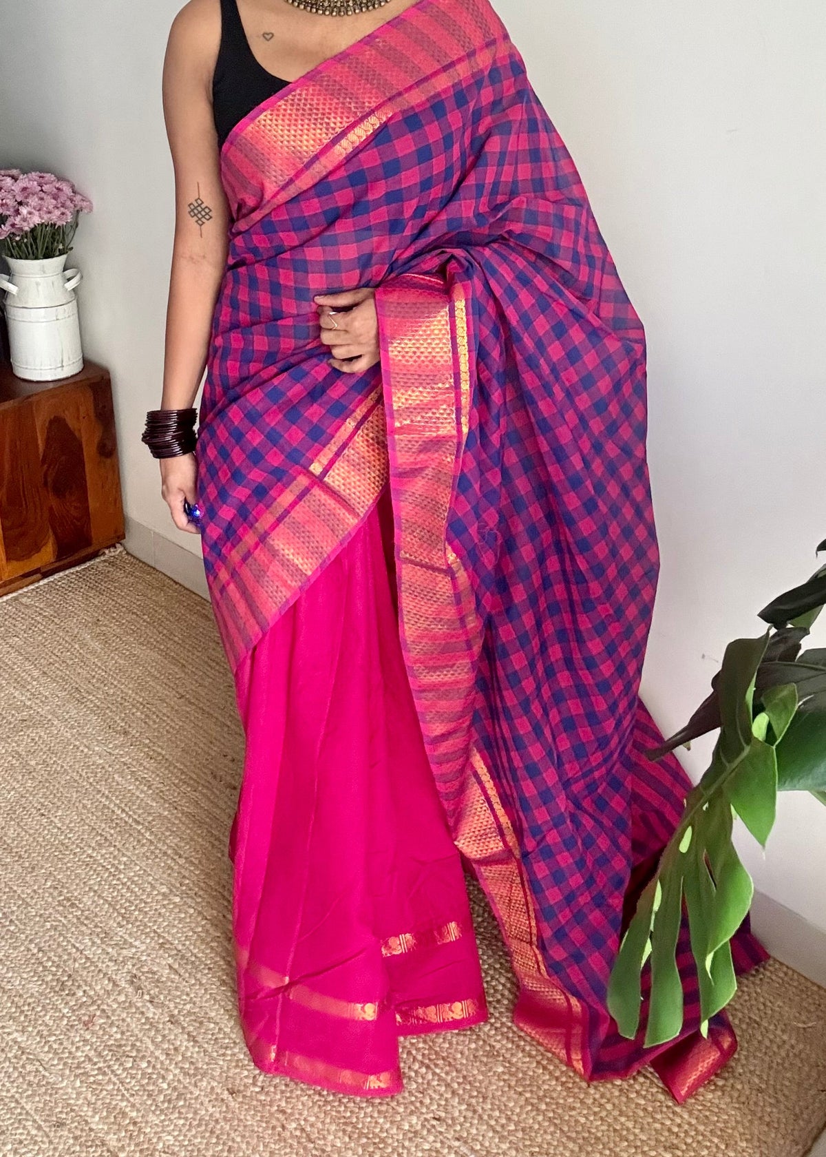 Multicoloured checks with hot pink, sungudi and chettinad cotton half and half saree - YCCOTNIDOC146