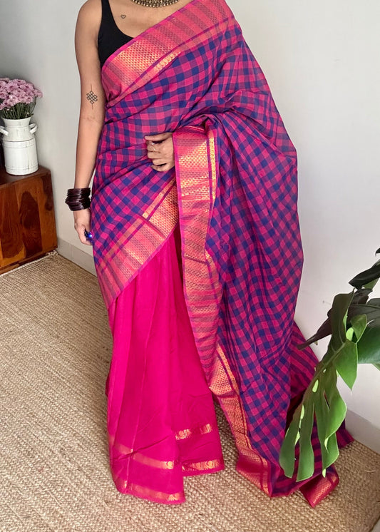 Multicoloured checks with hot pink, sungudi and chettinad cotton half and half saree - YCCOTNIDOC146