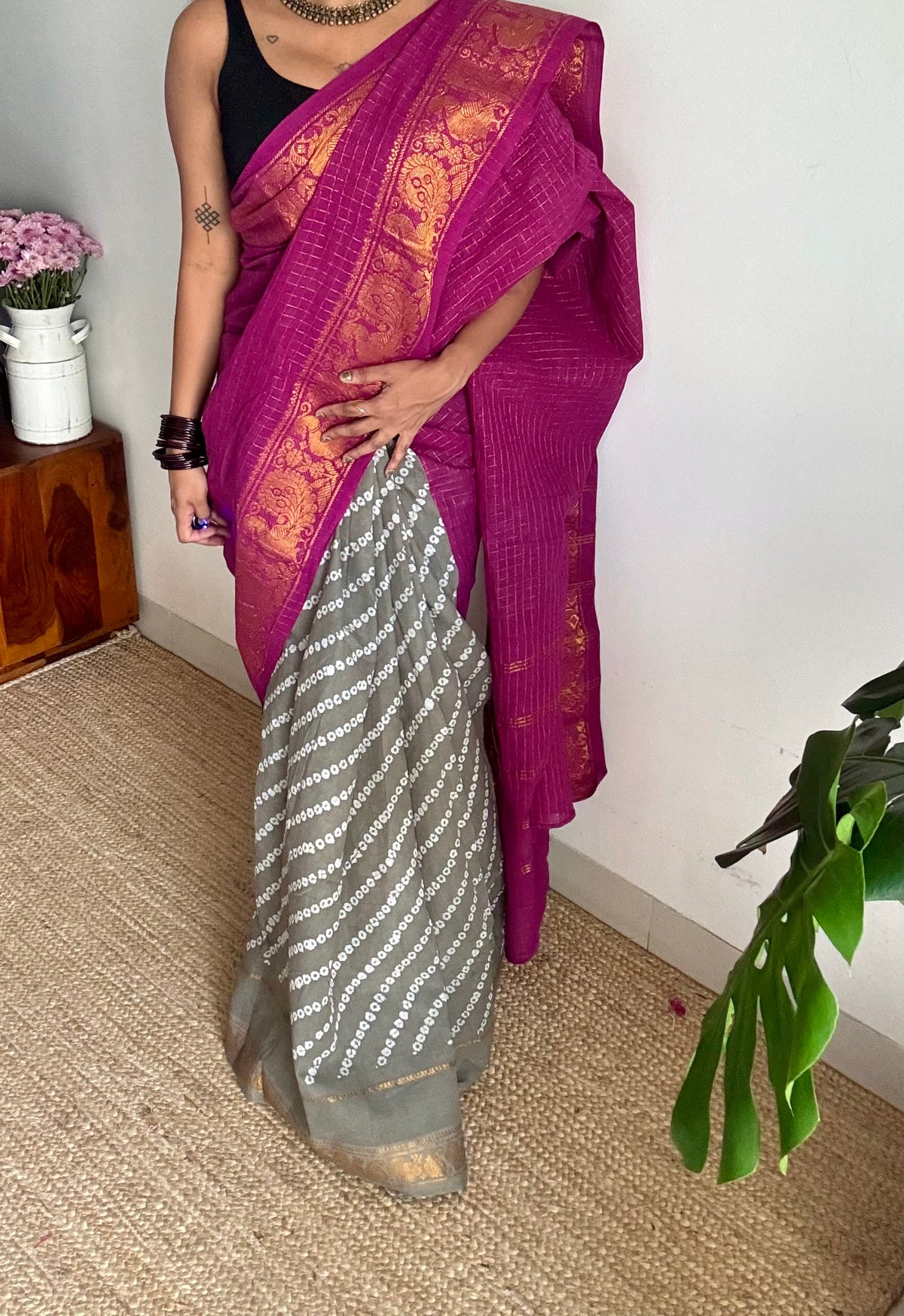 Purple pink (vadamalli) with grey, cotton half and half saree - YCCOTNIDOC145