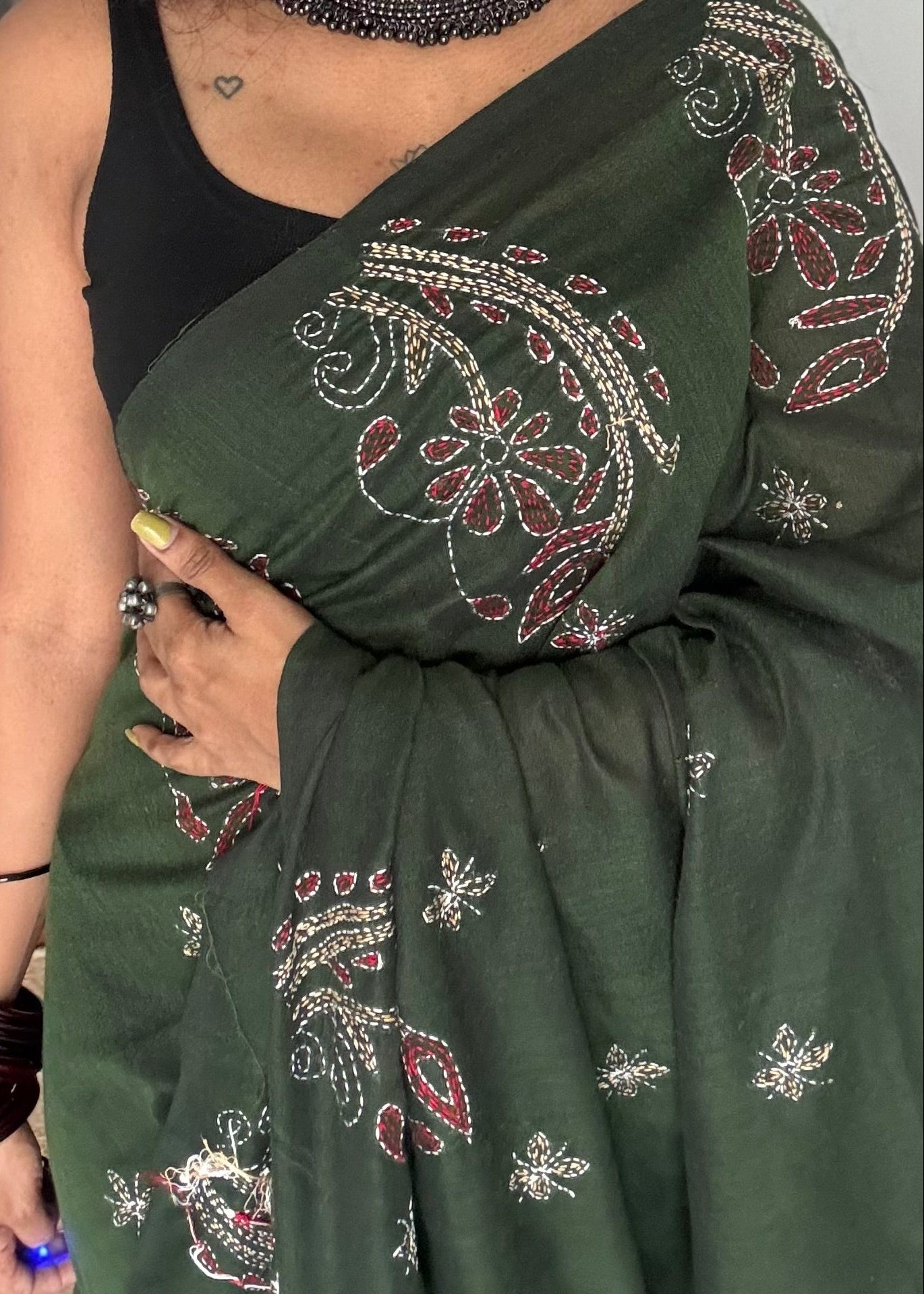 Embroidered green kantha weave in soft cotton - YCBCKKJA145