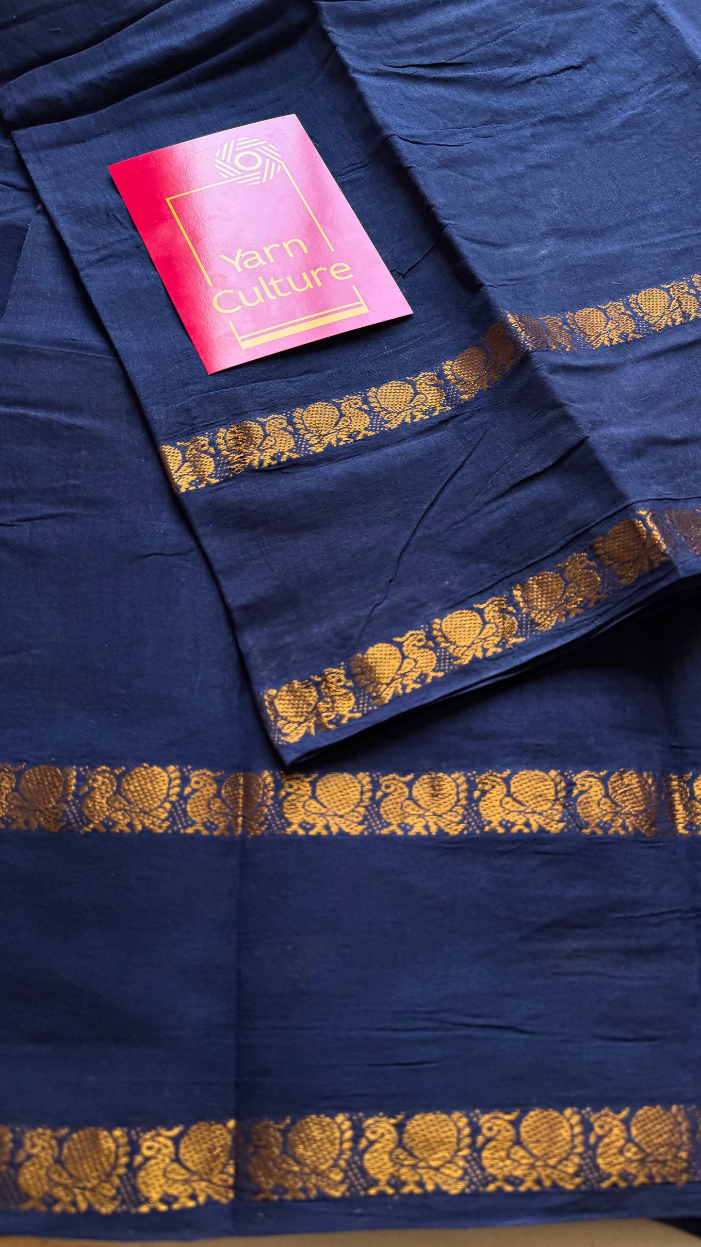 Dark blue rettaipettu peacock double bordered, kattuchayam dyed madurai cotton saree - YCCOTNMA277