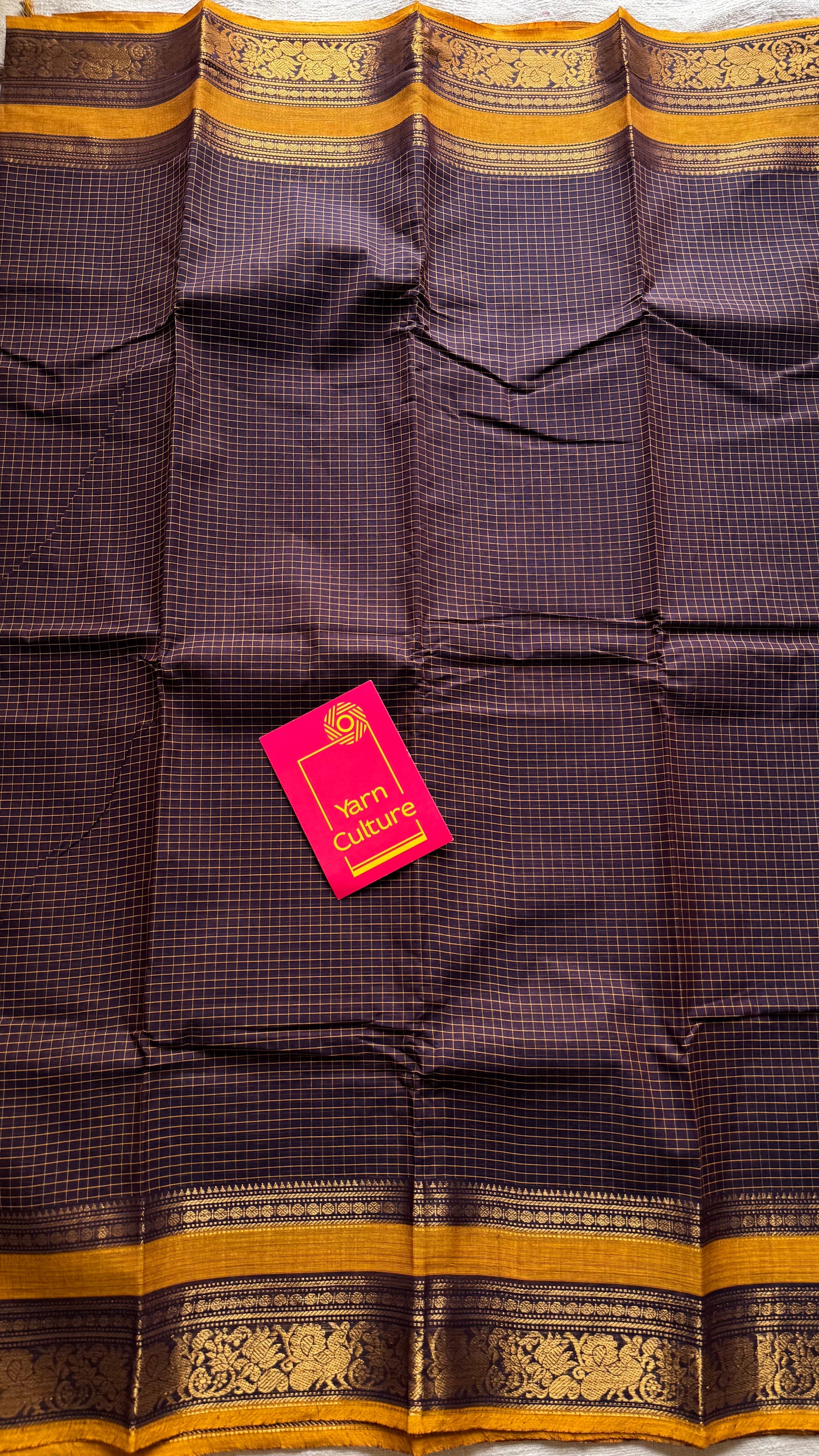 Kanchi cotton saree, dark brown checks with korvai border - YCCOTNAP73