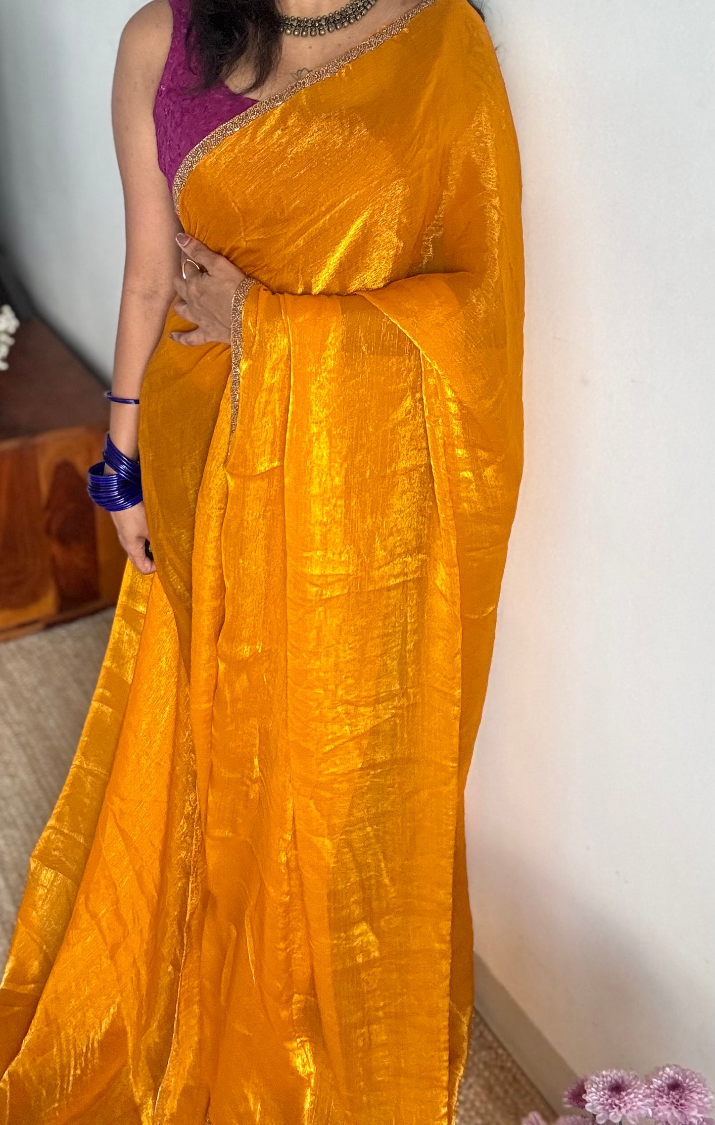 Sunny Sparkle - golden yellow, metallic dual tone space silk, embellished border - YCDOSNO41