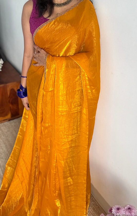 Sunny Sparkle - golden yellow, metallic dual tone space silk, embellished border - YCDOSNO41