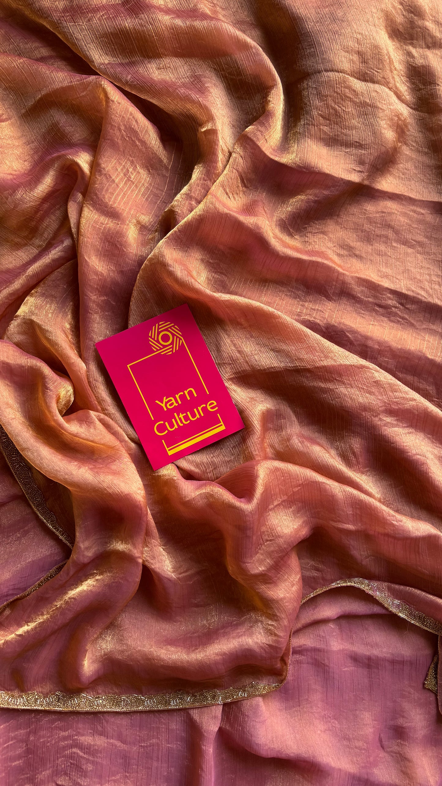 Sunset Burst - pink orange hues, metallic dual tone space silk, embellished border - YCDOSDE58