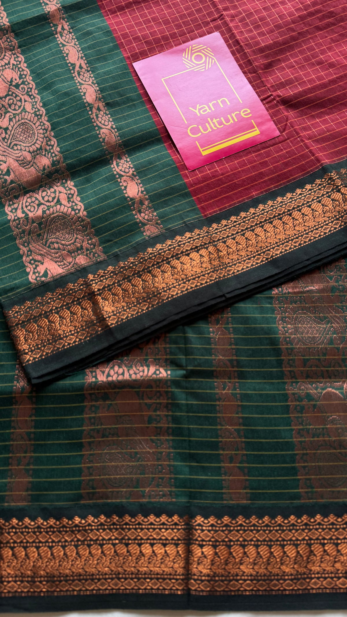 Dark red with green, zari checkered saree, cotton silk - YCCOTNKCOC100