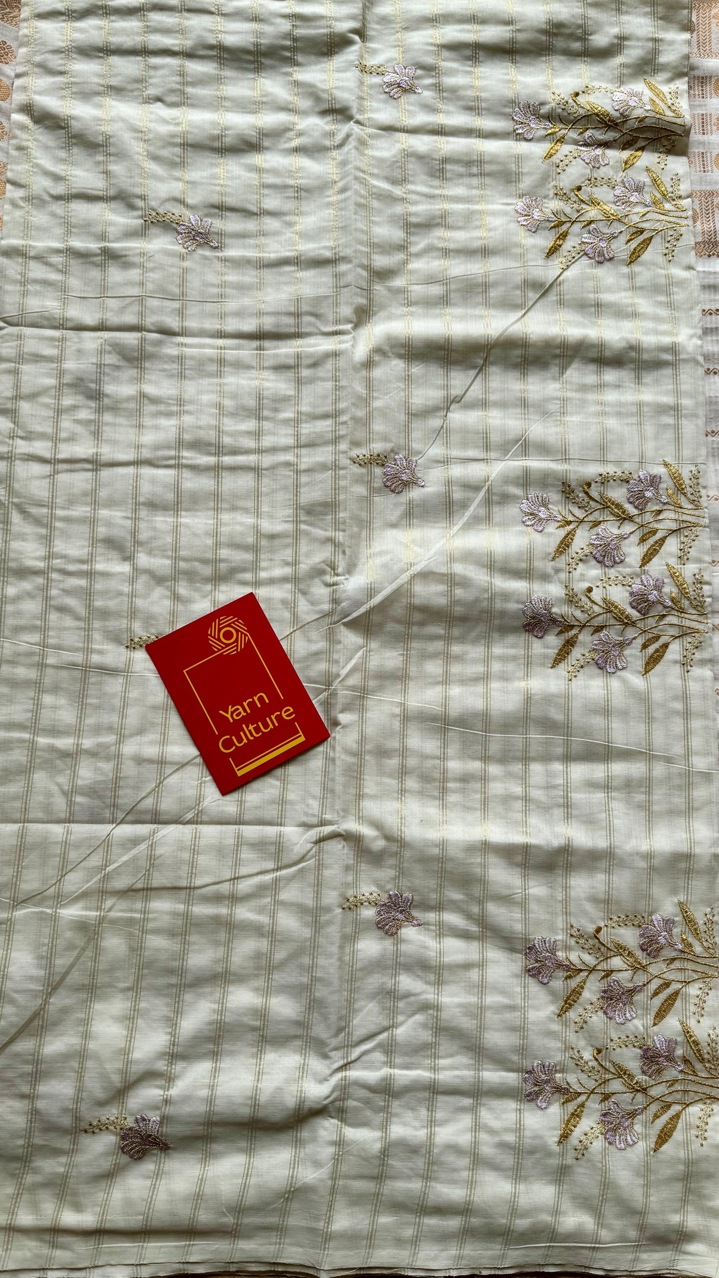 Ivory and gold soft cotton saree, lavender floral embroidery  - YCIEON53