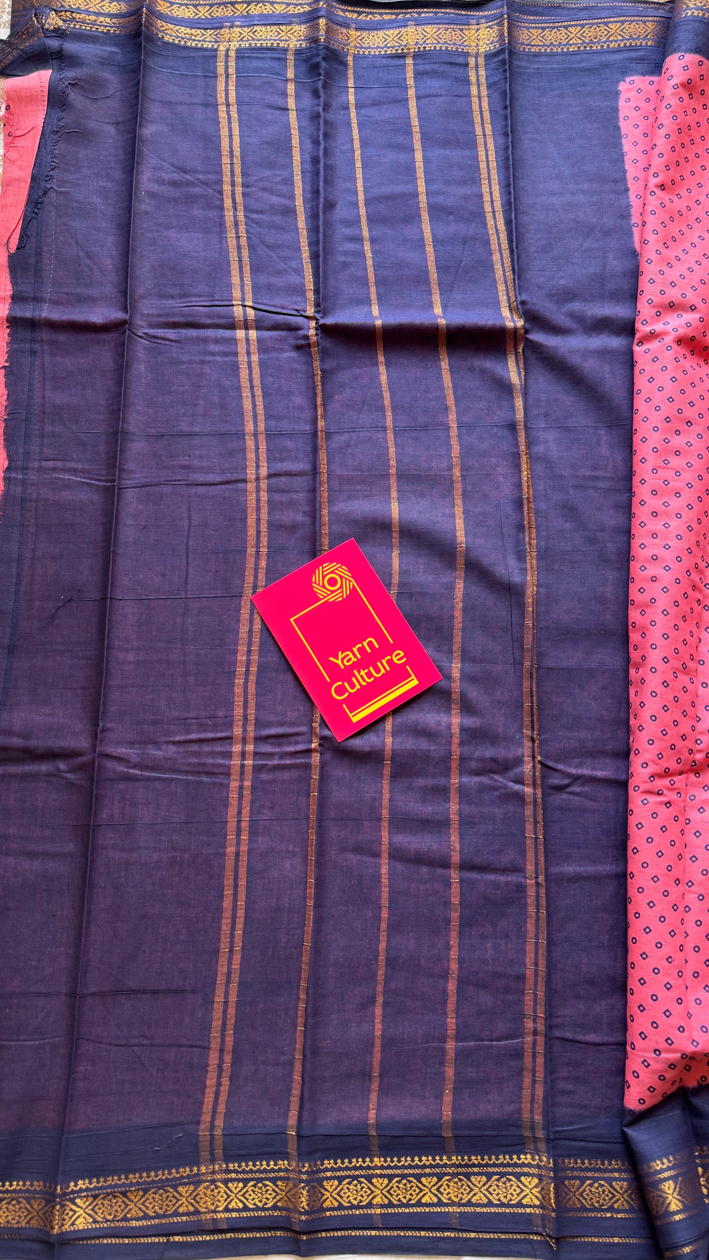 Peach pink with navy blue contrast, kattuchayam dyed madurai cotton saree - YCCOTNMA250