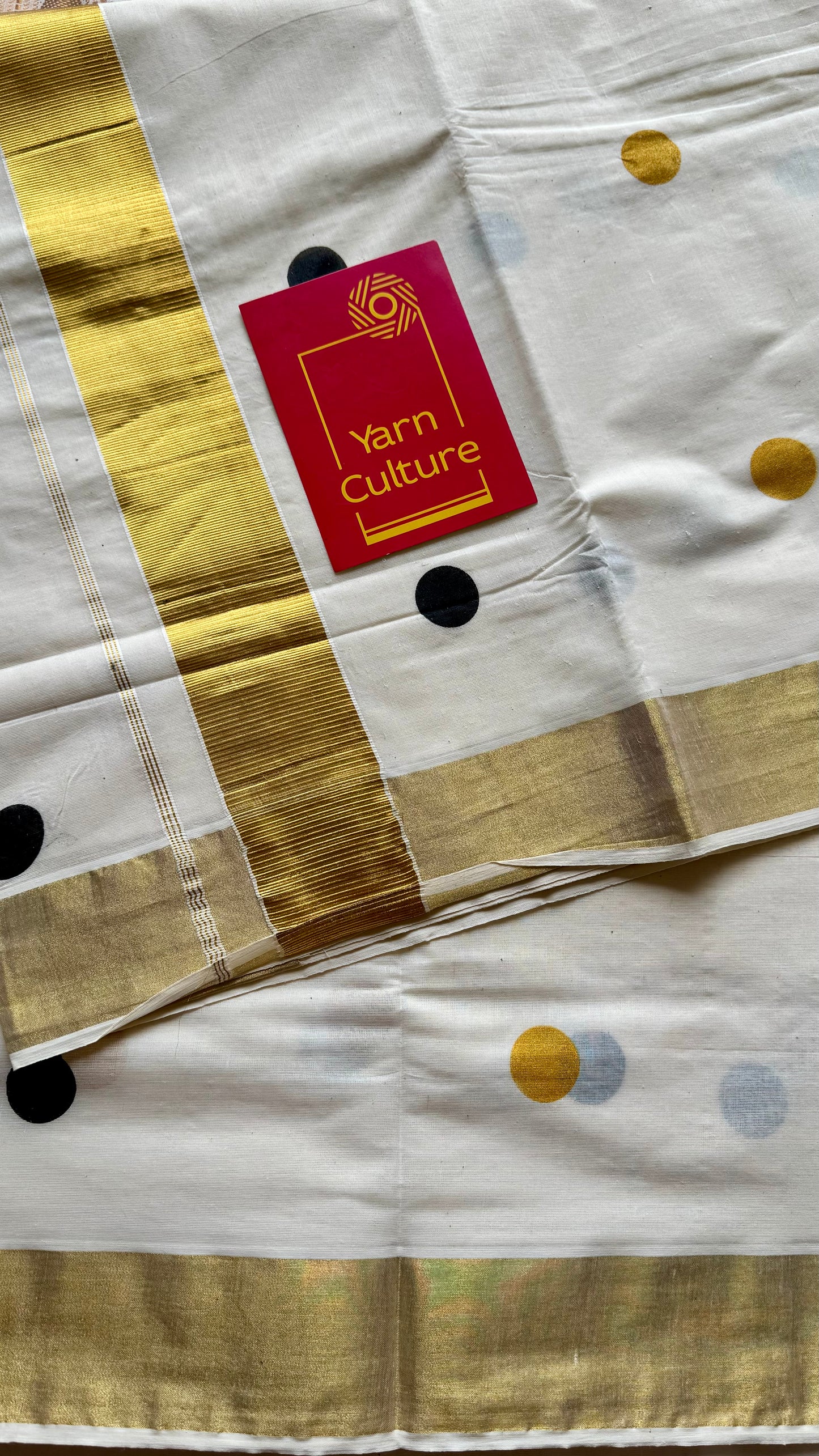 Ivory and gold soft cotton kasavu saree, black and yellow polka - YCIEON72