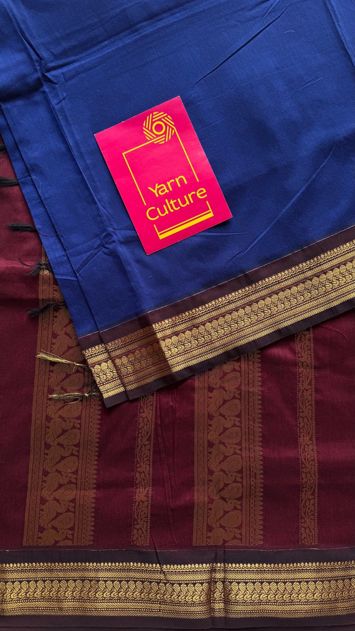 Royal blue with brown, cotton silk saree with zari border - YCCOTNKCOC106