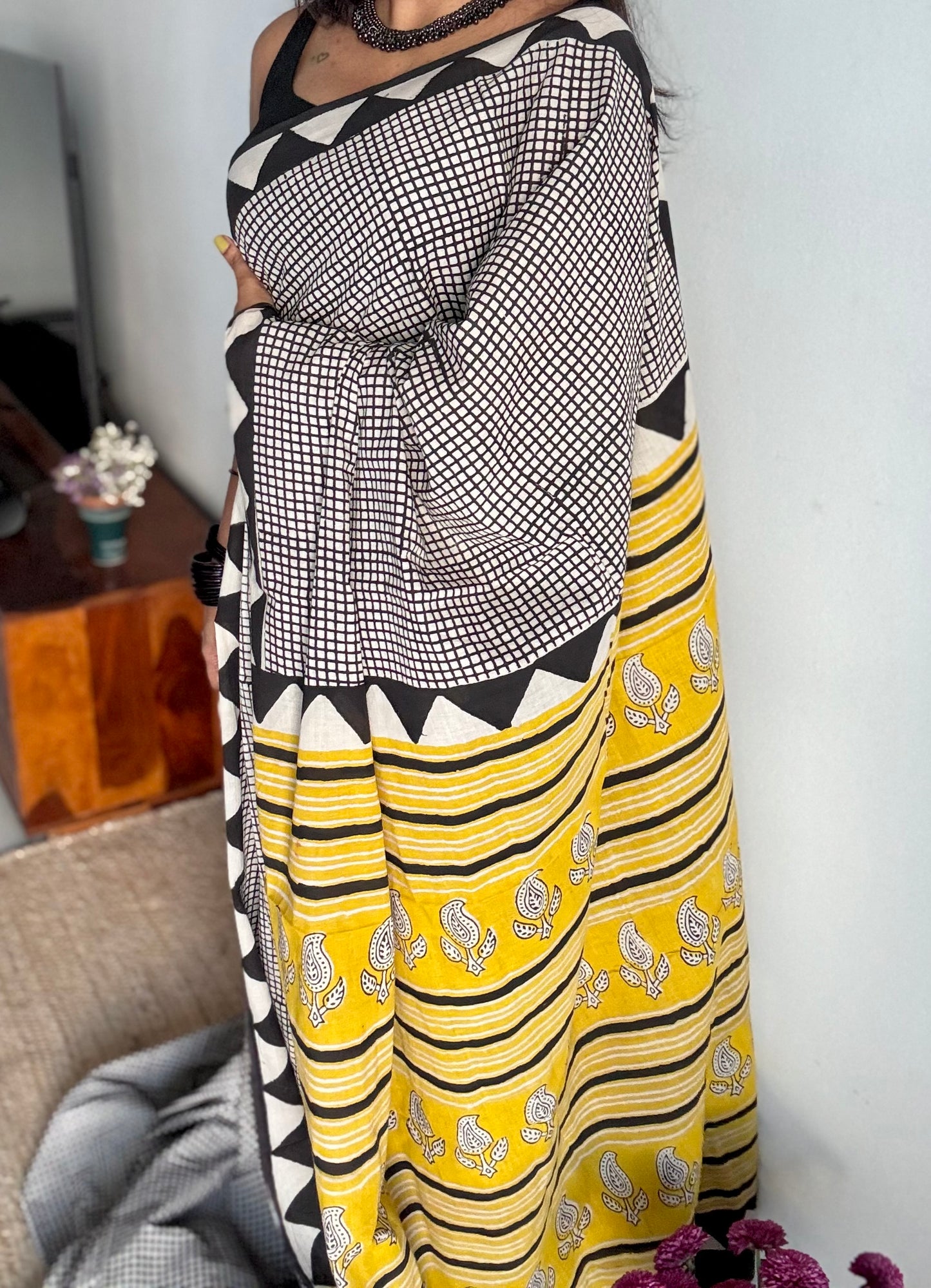 Black and white checks, block print, soft cotton - YCTORNOBP97