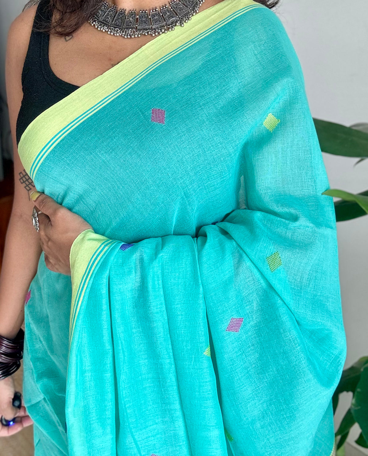 Handloom Bengal soft cotton saree, turquoise with woven buttas and lime green borders - YCBCMCSE38