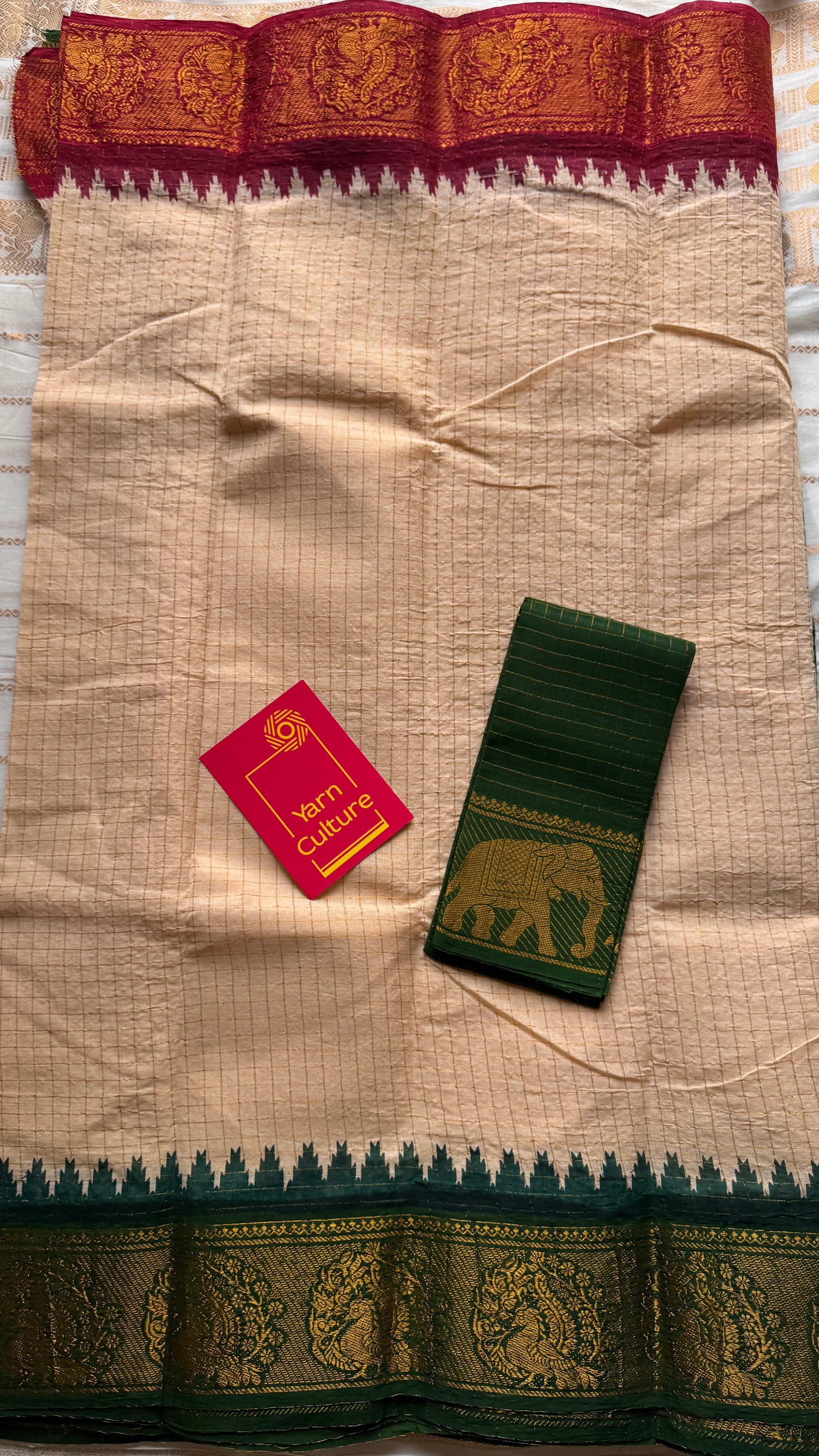 Sungudi checks, sandal base, green and deep red border, soft cotton - YCIEON93