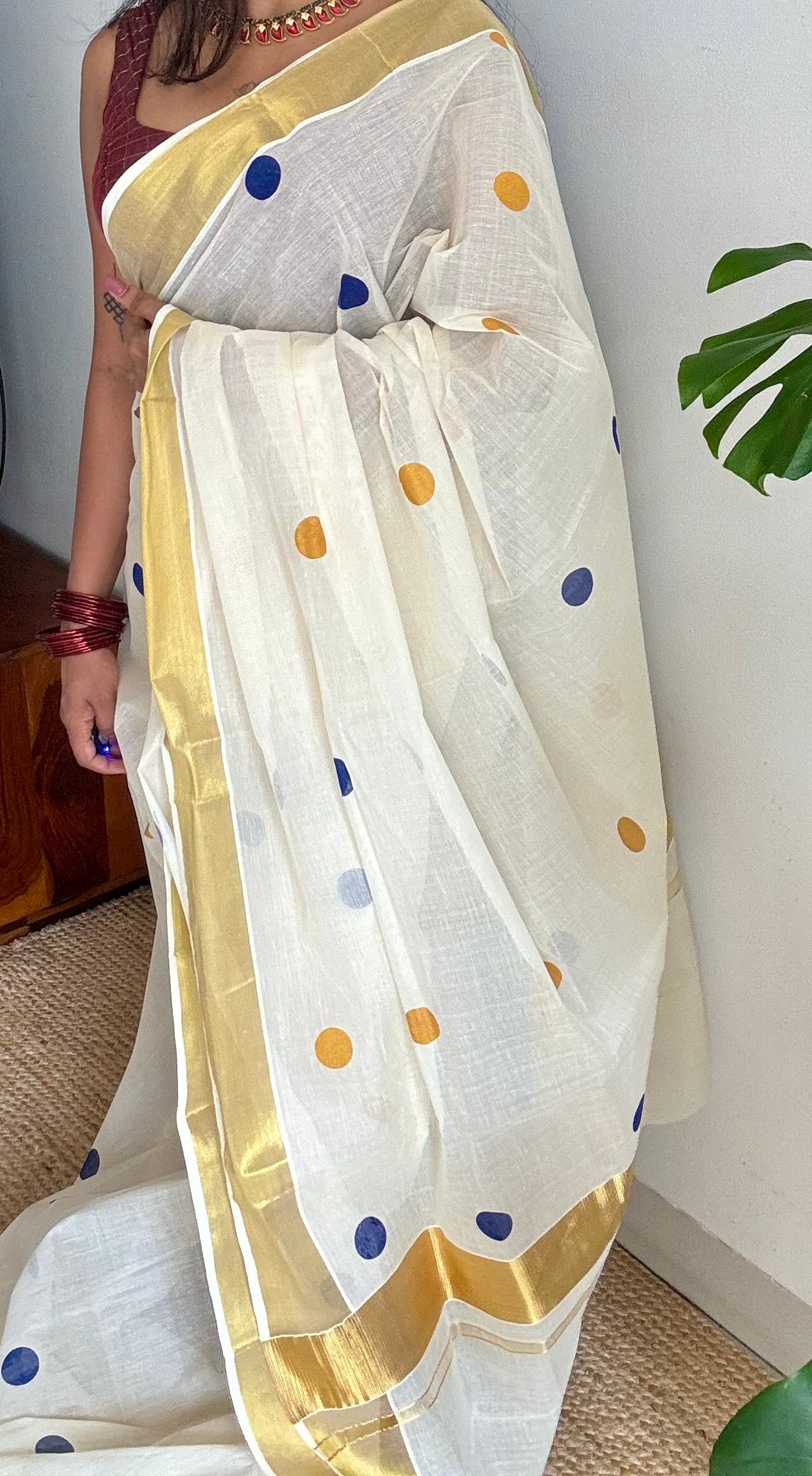 Ivory and gold soft cotton kasavu saree, navy blue and yellow polka - YCIEON73
