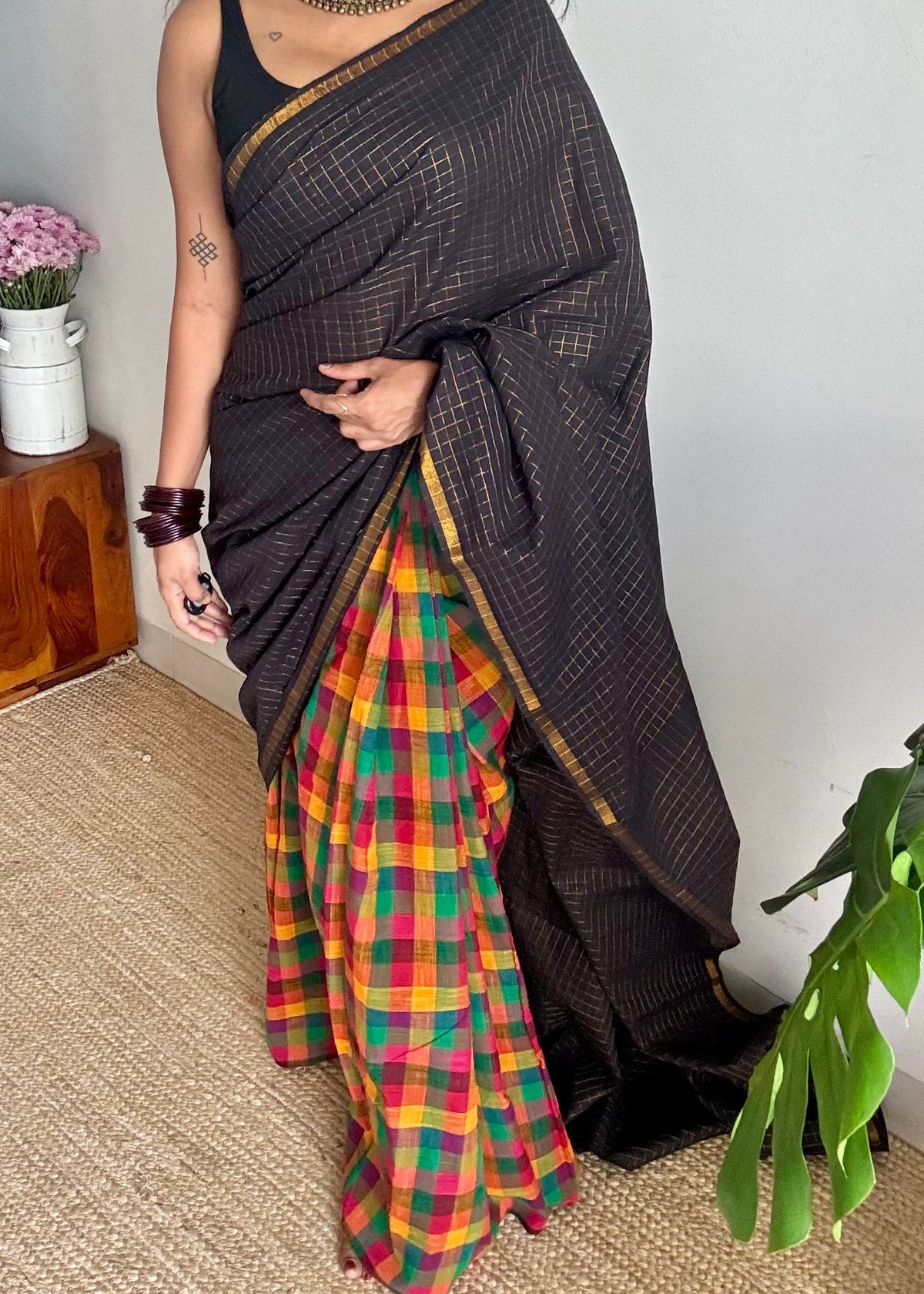 Black with multicoloured mini madras checks, cotton half and half saree - YCCOTNIDOC168