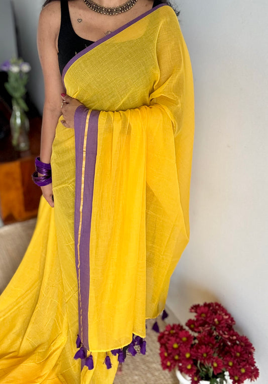 Yellow with purple border mul, thin antique gold zari gap border - YCBCMCLSE45