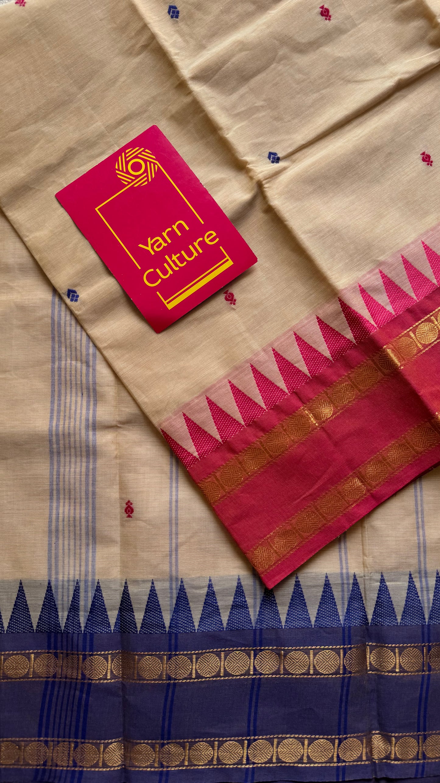 Kanchi cotton saree, cream with light red and violet dual border - YCCOTNAP99