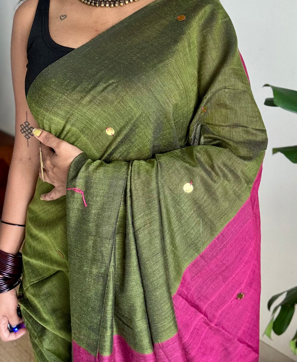Olive green with ruby contrast pallu, gini sequins, soft cotton saree - YCBCSCOC07