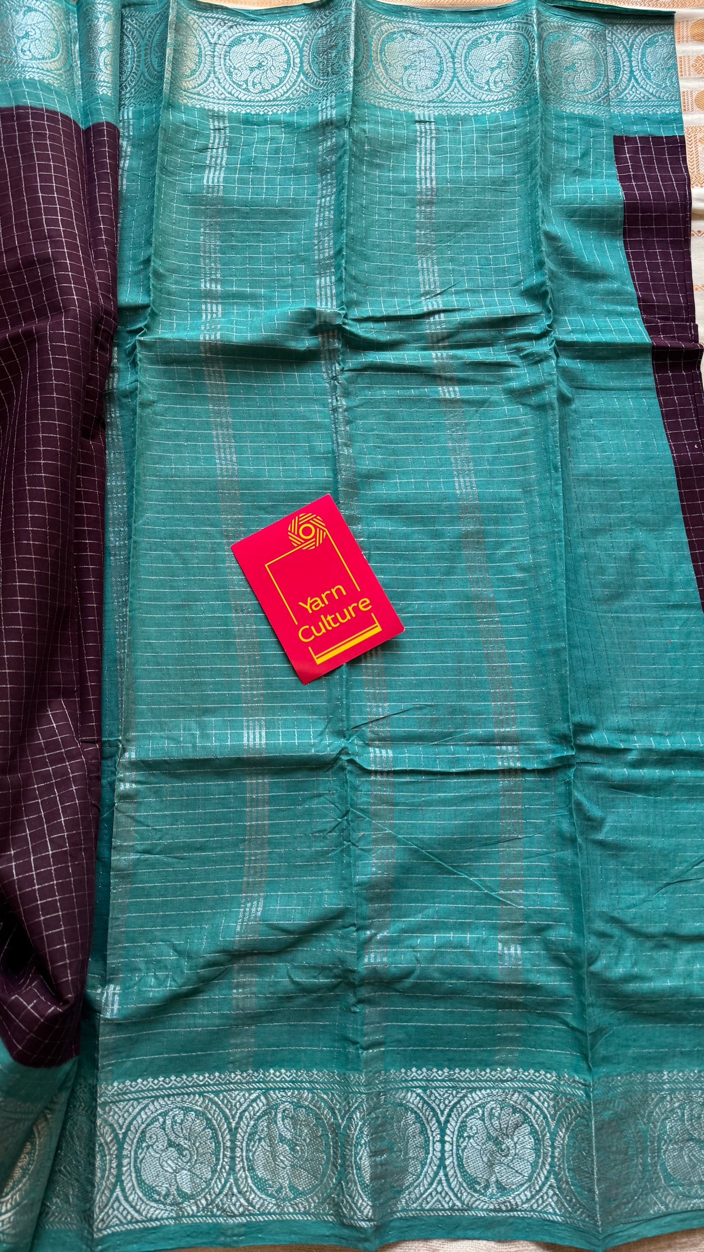 Purple brown with turquoise, silver zari checkered sungudi, kattuchayam dyed madurai cotton - YCCOTNMSAP106