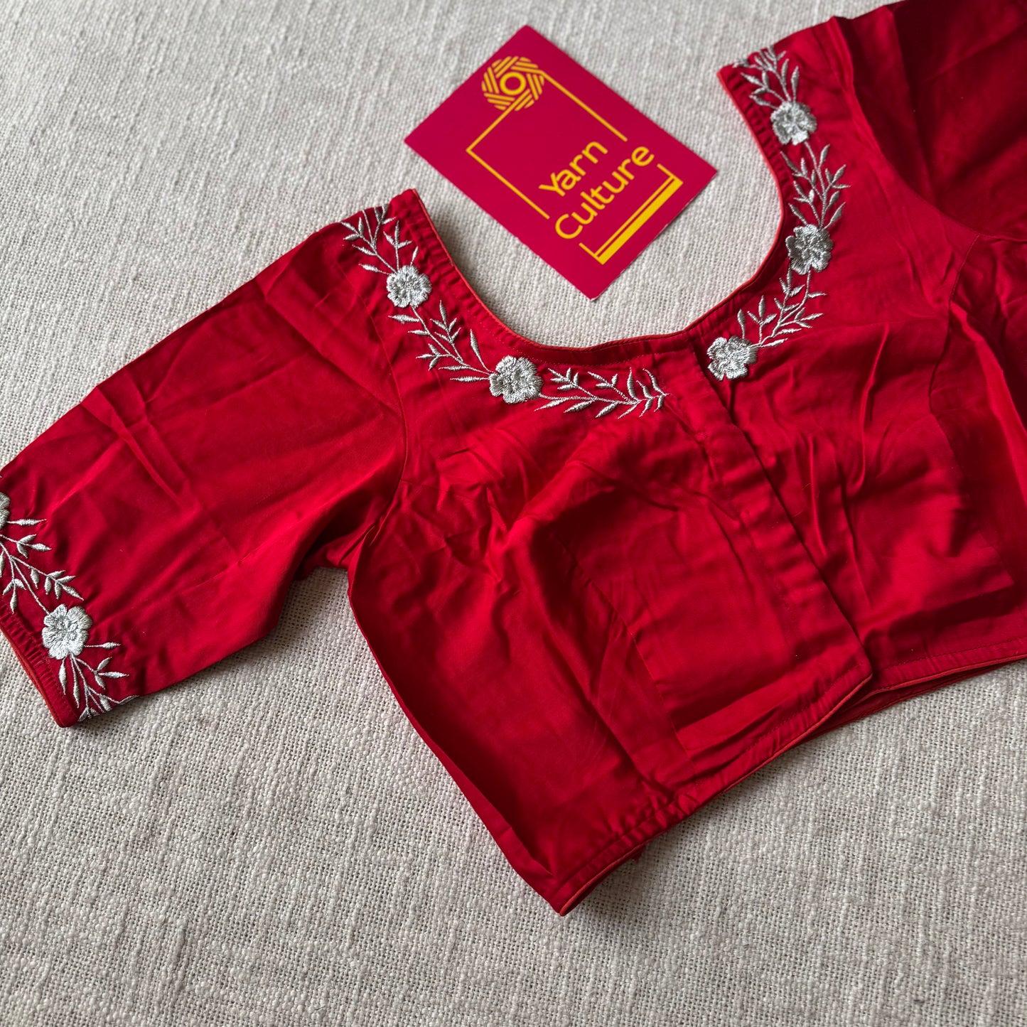 Red cotton silk with silver floral emboridery, size 36 (alterable from 34-40), readymade blouse - YCBLAU01
