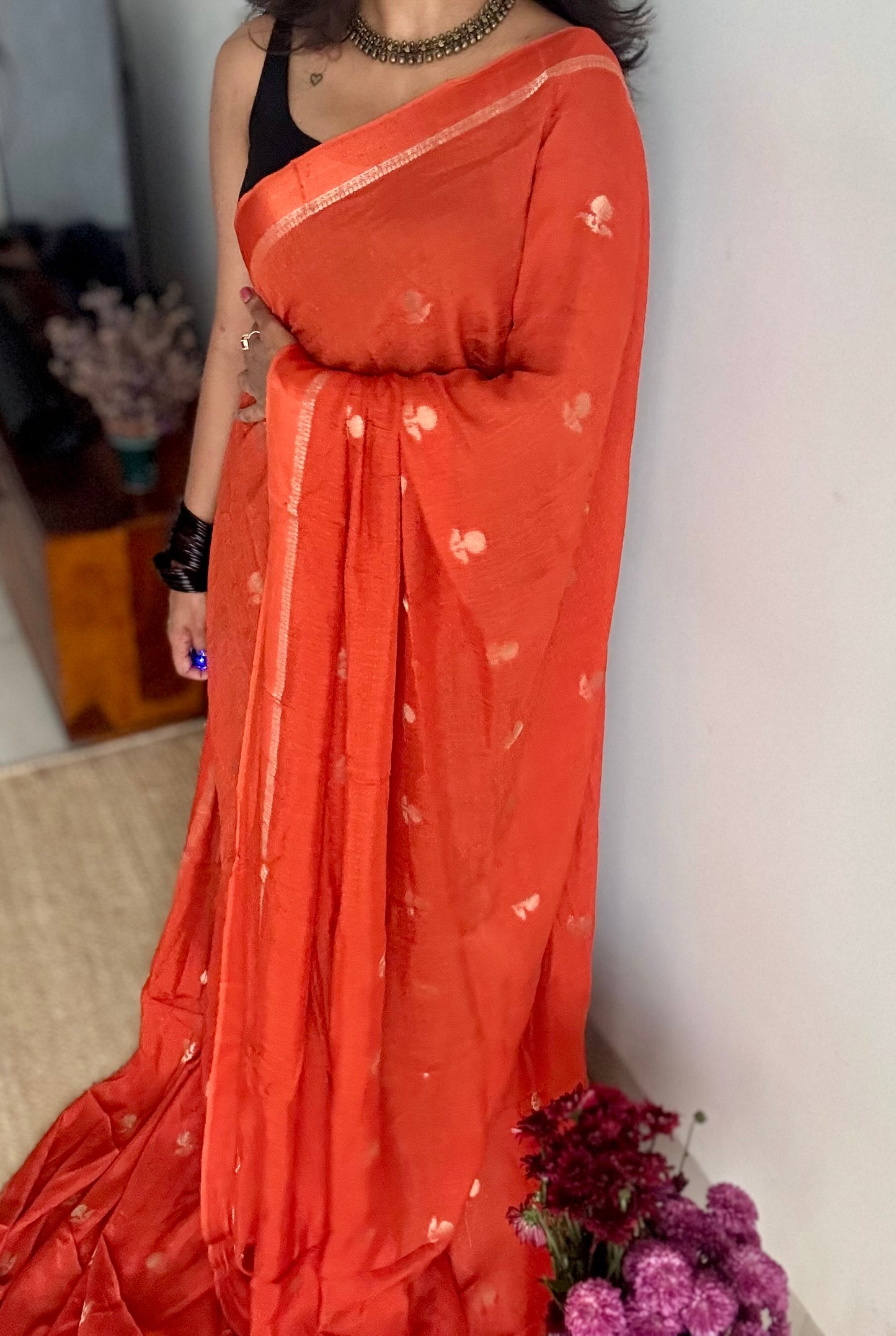 Orange in semi khadi silk, zari motifs - YCDOSFE19