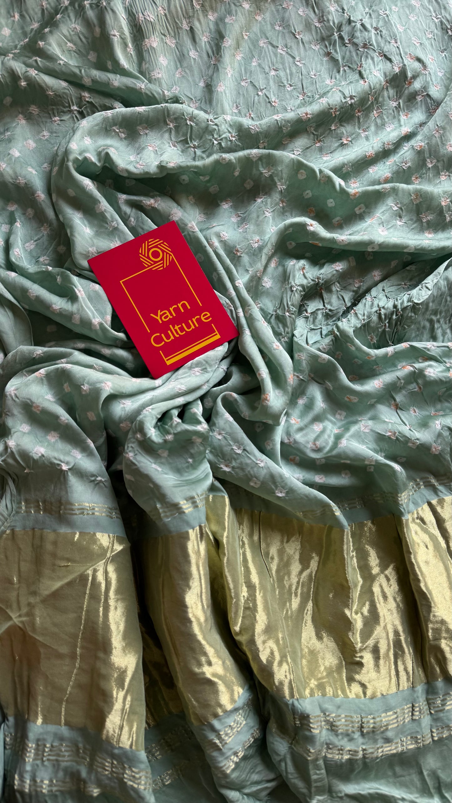 Pastel mint blue, crushed bandhej pure modal silk saree with lagdi patta zari pallu - YCTOKBM333