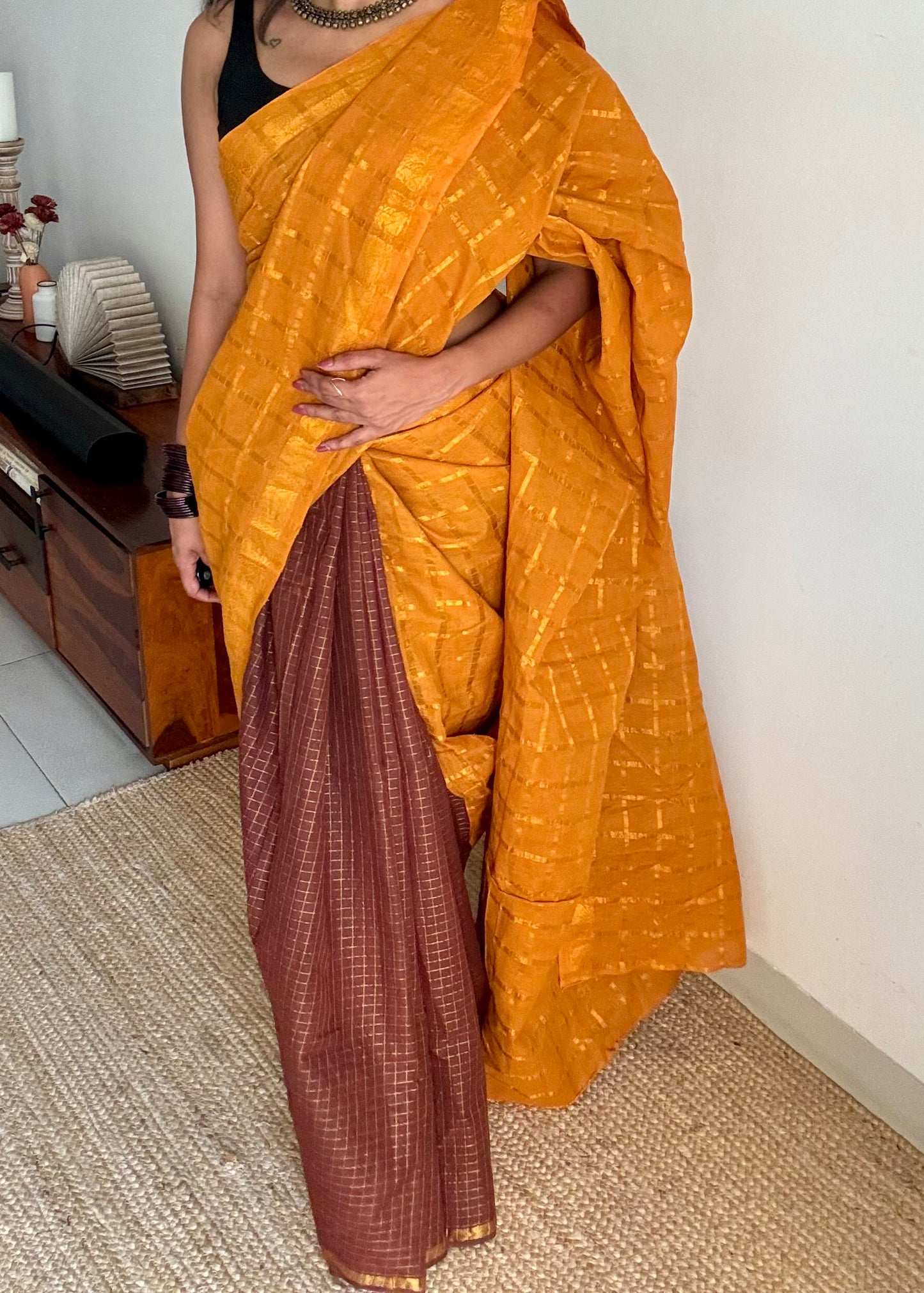 Turmeric yellow with brown, sungudi cotton half-half saree - YCCOTNIDMA314