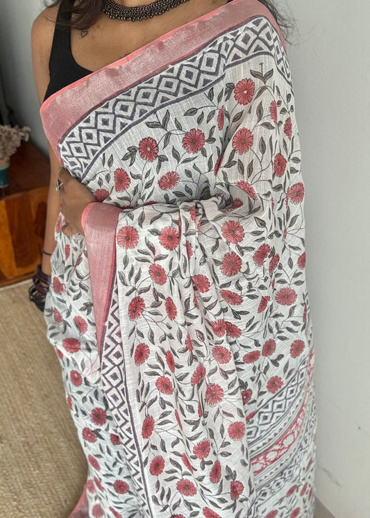 White linen, peach floral motif, silver zari border - YCTOROCBP59