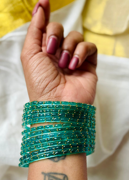 Turquoise green raindrop glass bangles, set of 12 - YCBANGL850