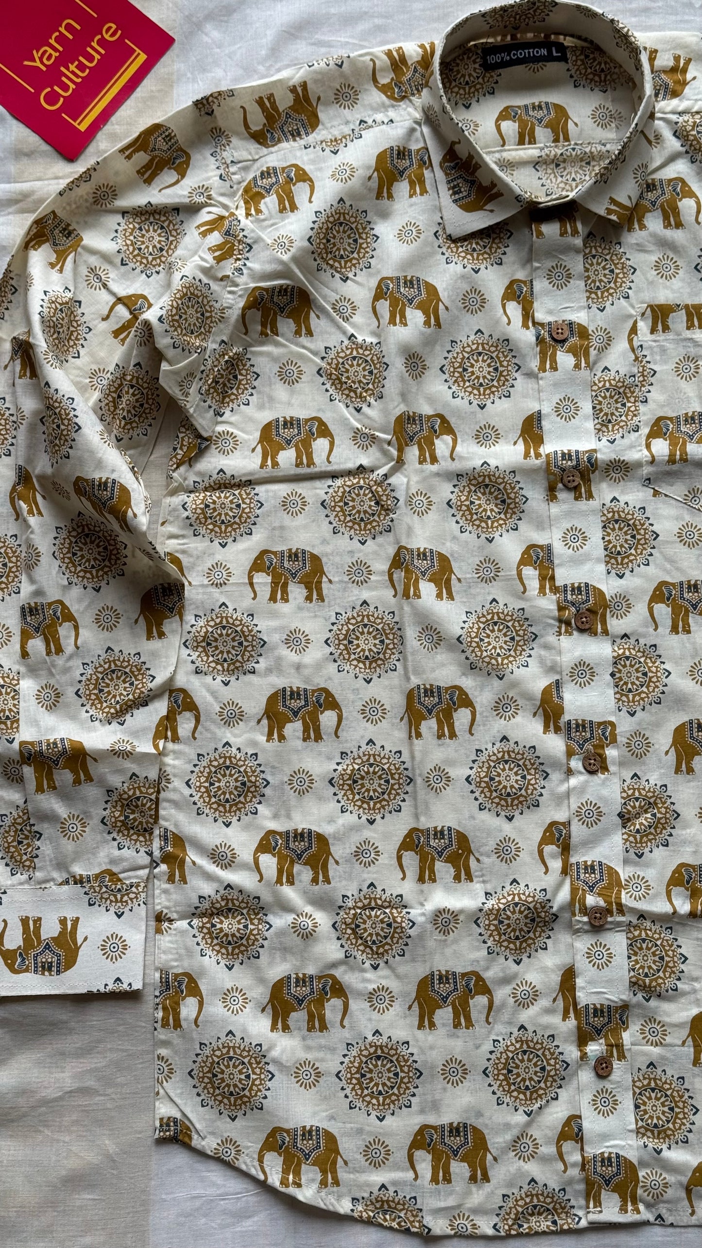 Ivory Elephant Motif Block Printed Cotton Men's Full Sleeve Collared Shirt - YCMSEIE205